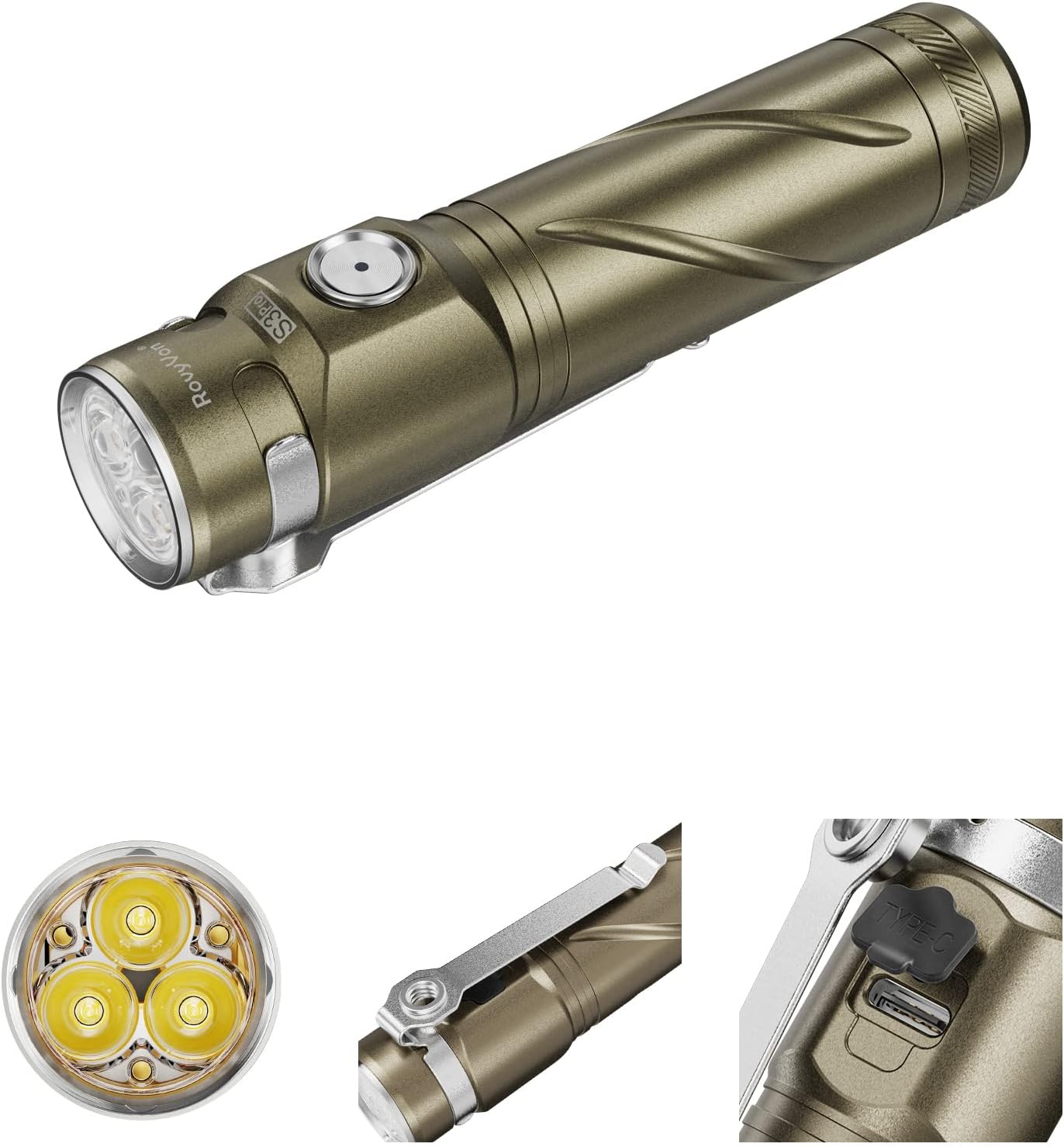 RovyVon S3Pro EDC Flashlight, 7075 Aluminum Alloy with 3 * 6500K Cool White LED, Max 2800 Lumen, USB-C Rechargeable Flashlight with Magnet Tail, Rotatable Pocket Clip, Power by Replaceable Battery