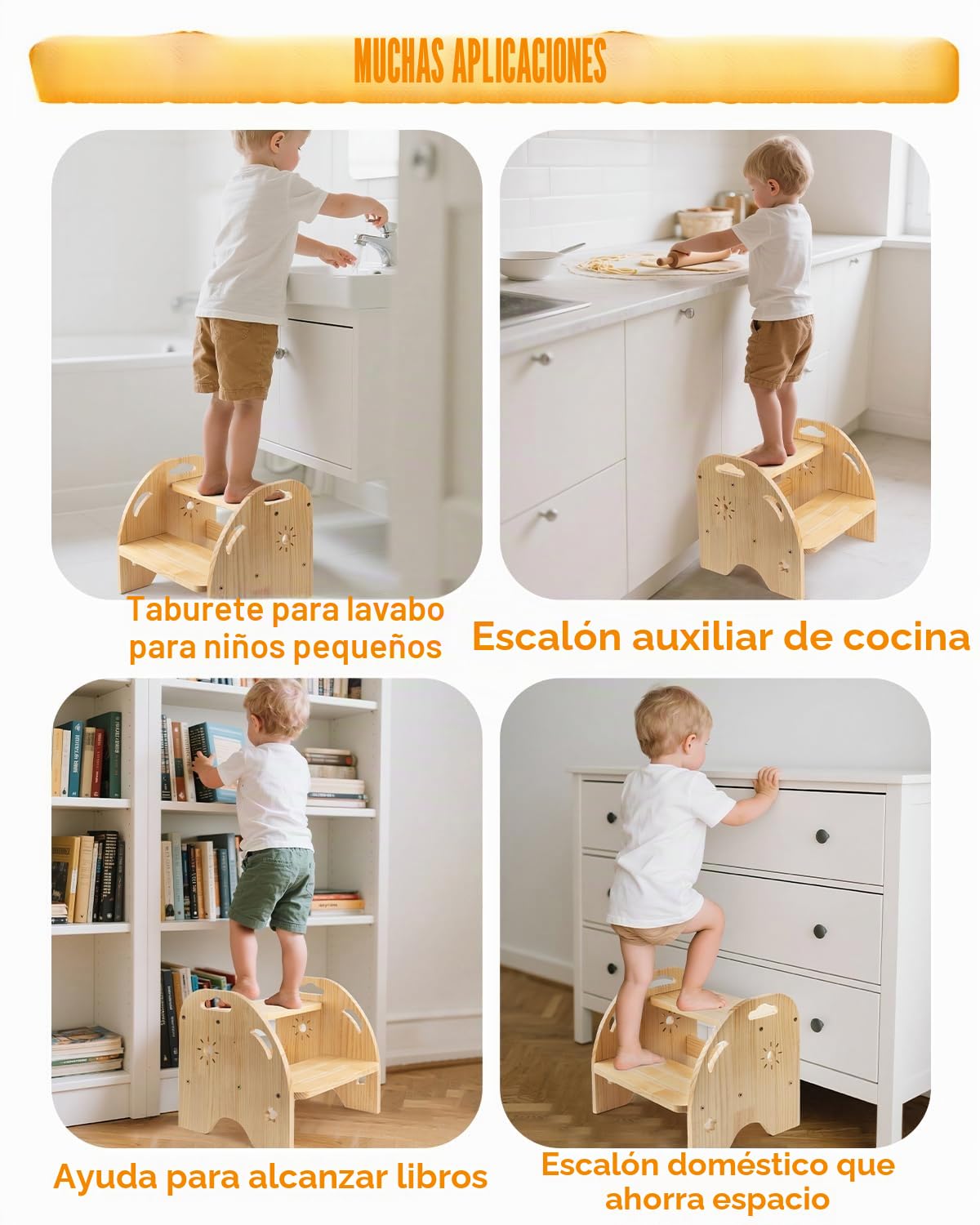 Taburete infantil de madera de 2 niveles, antideslizante, con asa, capacidad de carga de 200 kg, para cocina y baño a partir de 3 años