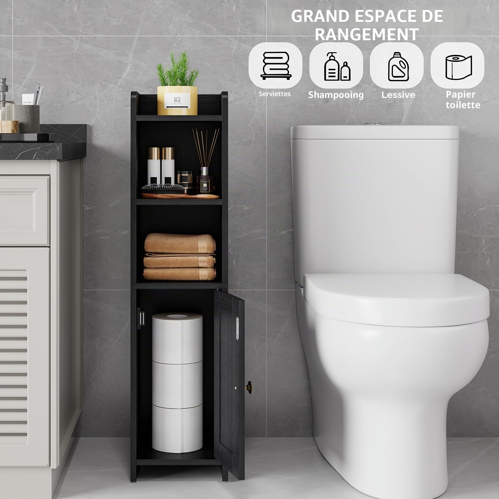 RRX Petite armoire de rangement pour salle de bain, organiseur de salle de bain autonome pour petits espaces, sol d'angle étroit avec porte et étagères, noir