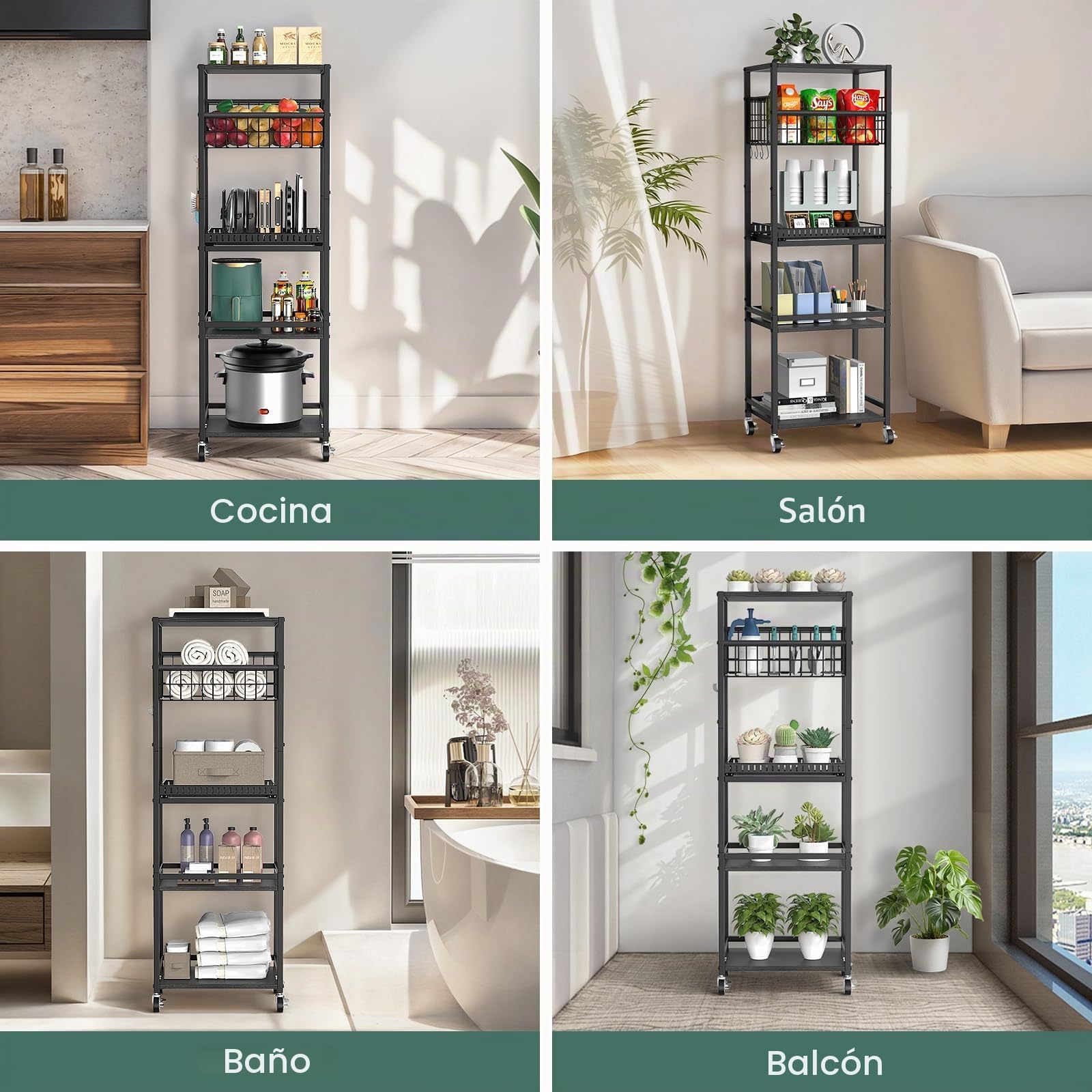 Housolution Carro Rodante de Cocina de 5 Niveles, Carrito con Cesta Metálica y Organizador Extraíble para Tabla de Cortar y Tapa de Olla, Estantería con Tapa de Madera para Cocina, Despensa, Baño