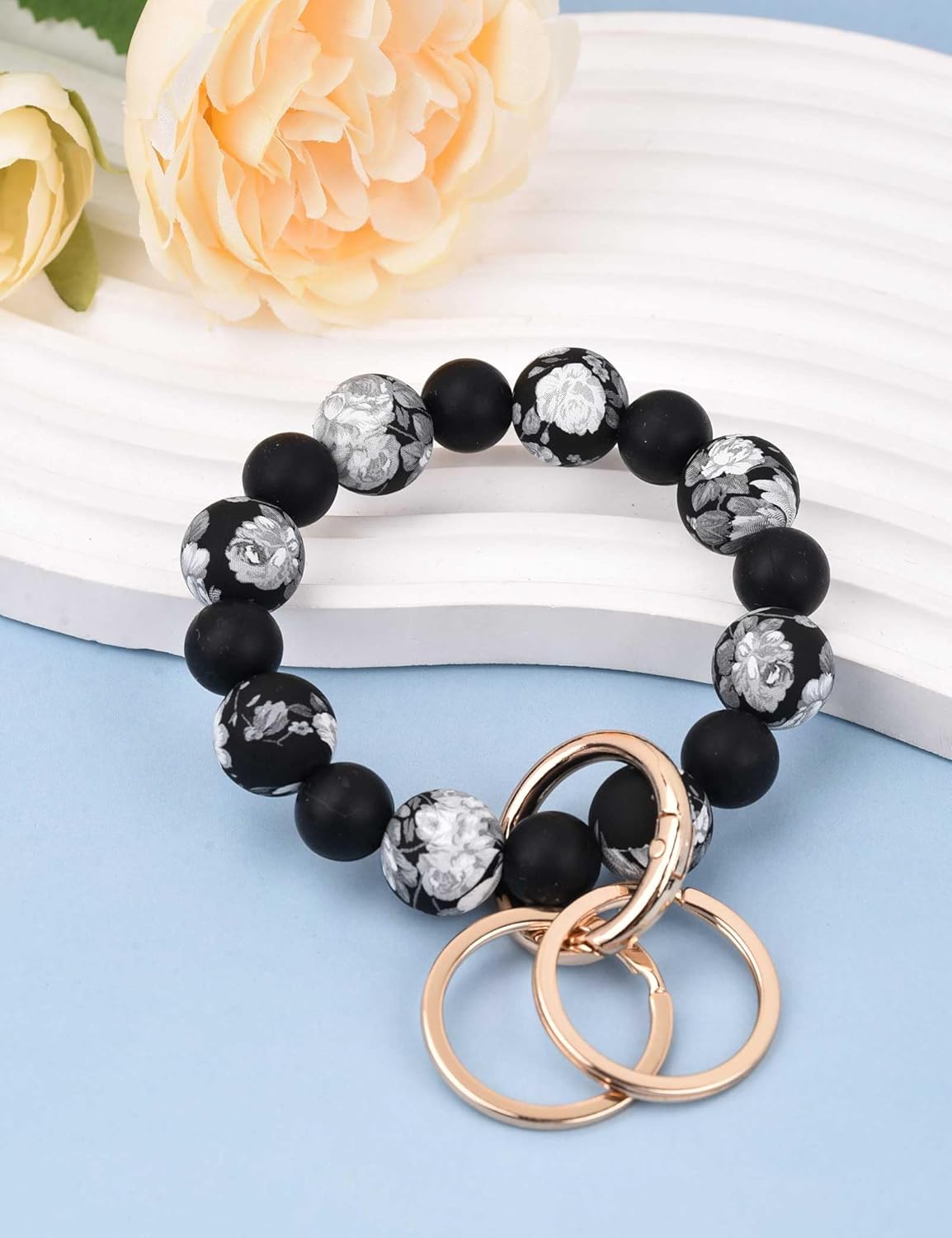 BAOSIWA Silicone Beaded Keychain Wristlet Key Ring Bracelet with 2 Keyrings for Women Girls, Fits for Small Wrists - Image 4