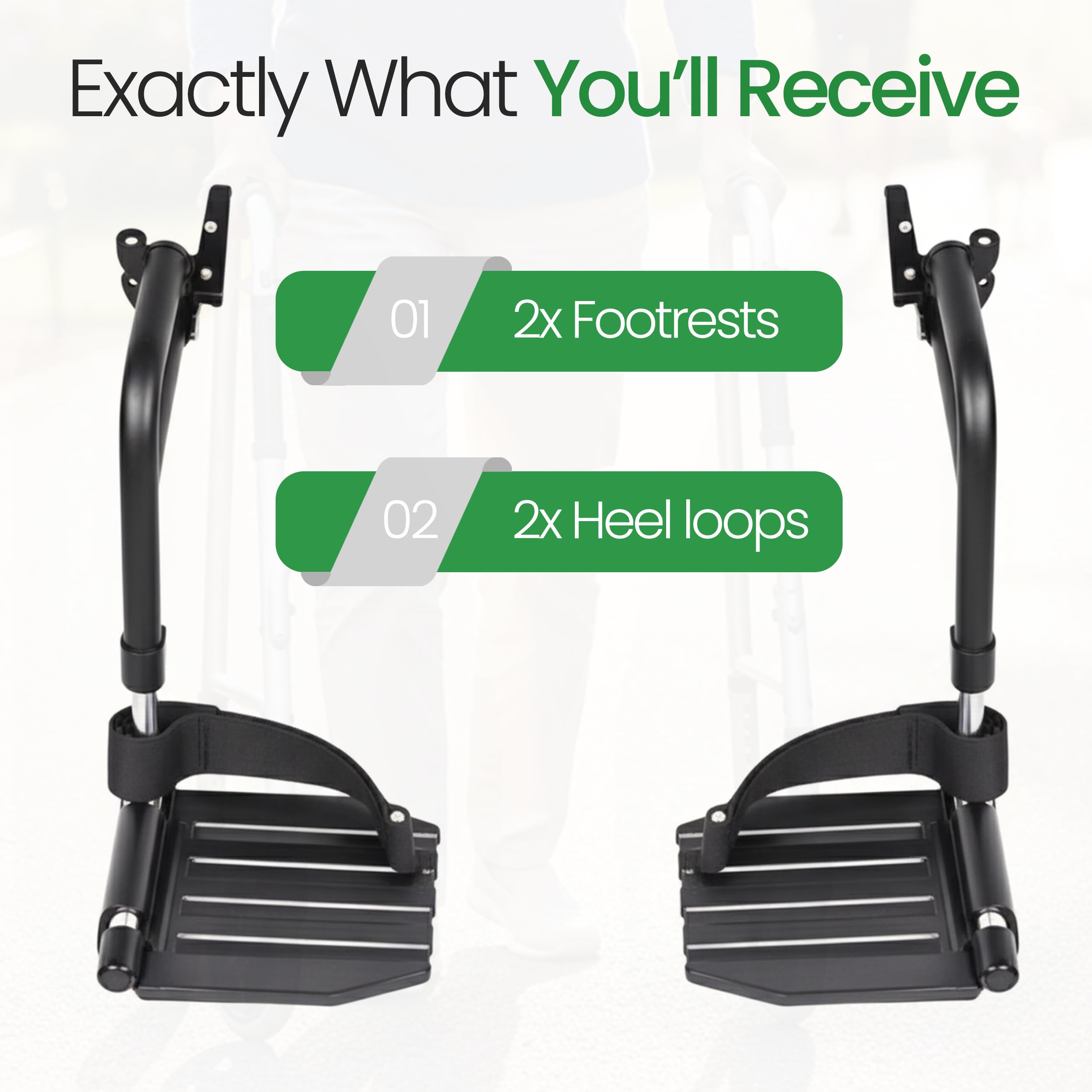 Healthline Wheelchair Swingaway Legrest Footplates with Heel Loops – Pair (Black) – Fits Select Standard Wheelchairs – Adjustable Length 16.5"–20.5" – Check Compatibility Before Ordering — Amazon image 2