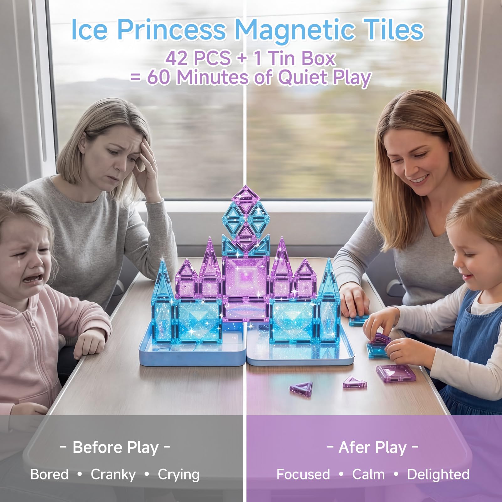 burgkidz Magnetische Bausteine Reisespielzeug für Mädchen, 42 Teile Eisprinzessin Magnetische Tiles in Metallbox - 60 Min Ruhe 30s Aufräumen - Auto Zug Flugzeug Geschenk 3 4 5 6 7 8 Jahre