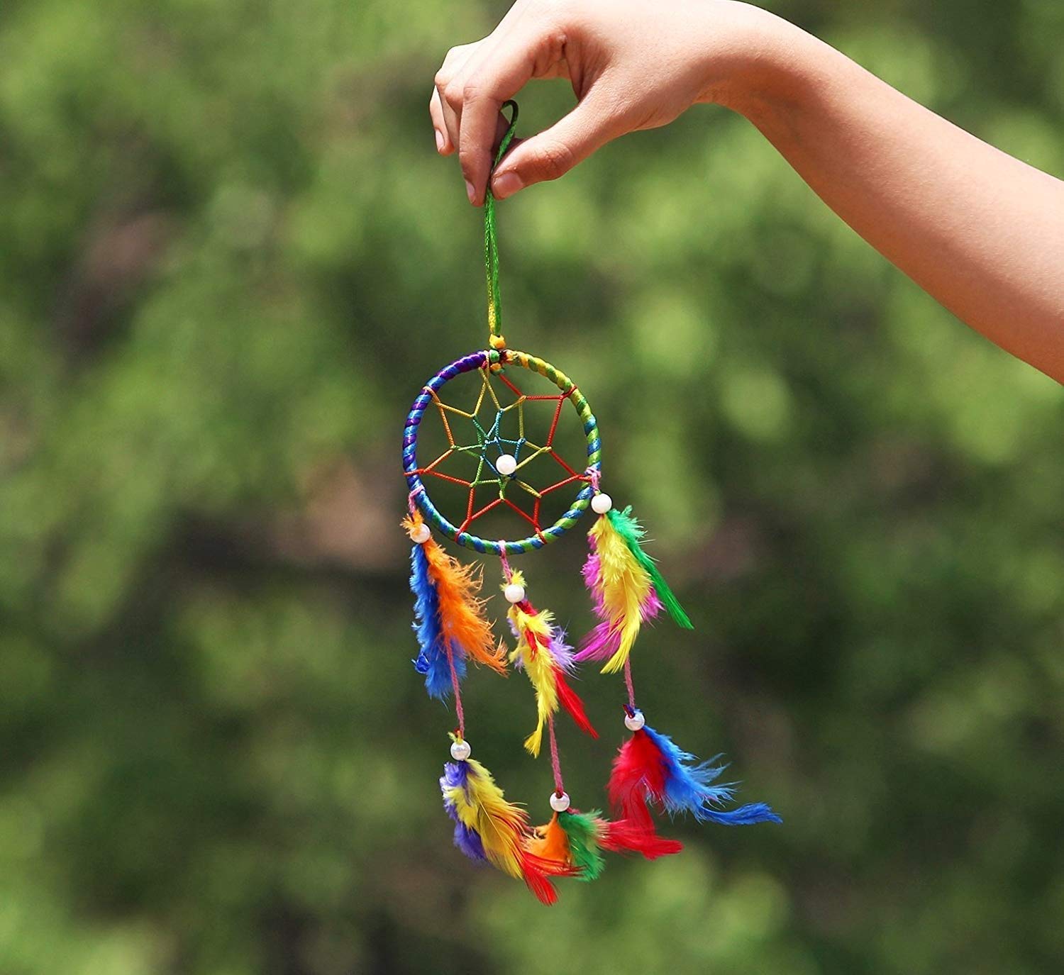 Multicolor Car Dream Catcher, Round Shape, Feather and Metal Made, Size Aprox 5inches and 25g, Pack of 1 Car Dream Catcher in Box-image-3