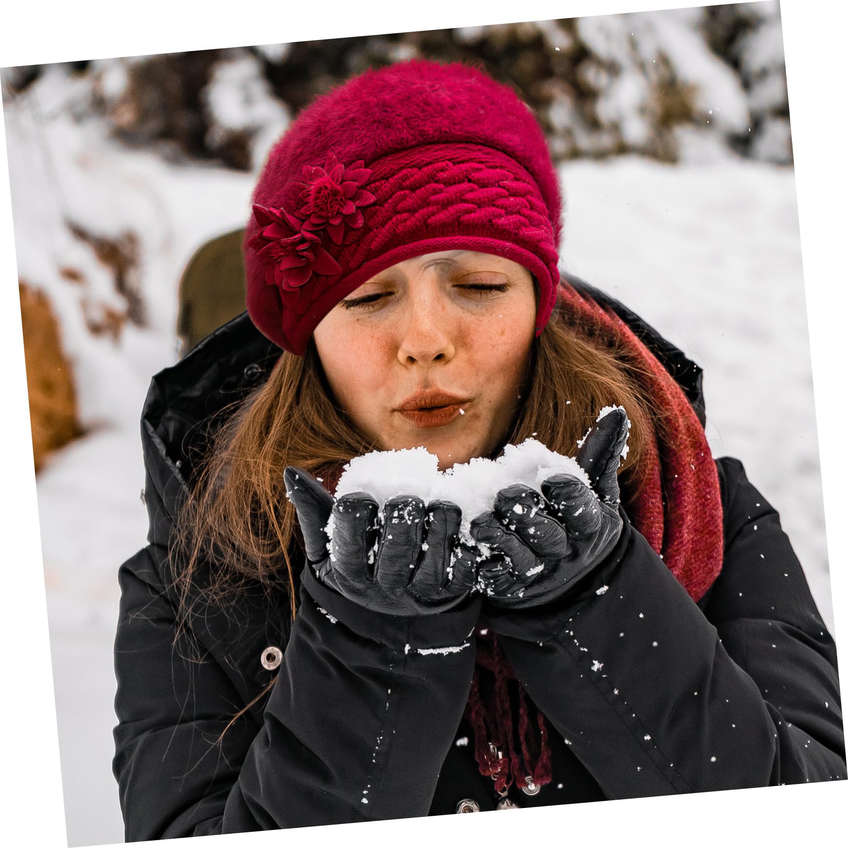 PRETYZOOM Knitted Cap for Women Beanies Side Flower Design Elegant Warm Hat Random Style Red