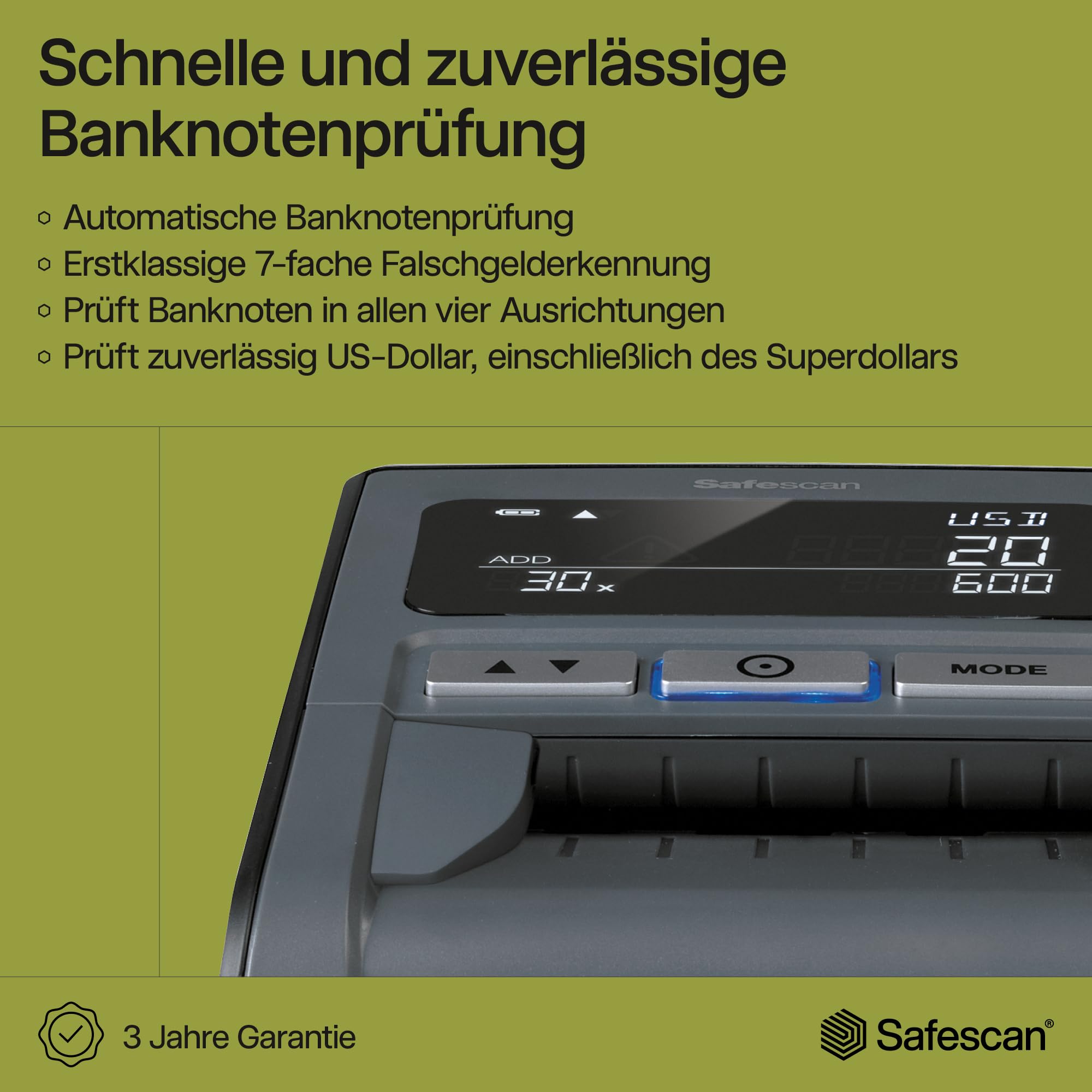 Safescan 185-S automatischer Geldscheinprüfer mit 7-facher Echtheitsprüfung inklusive US Dollar