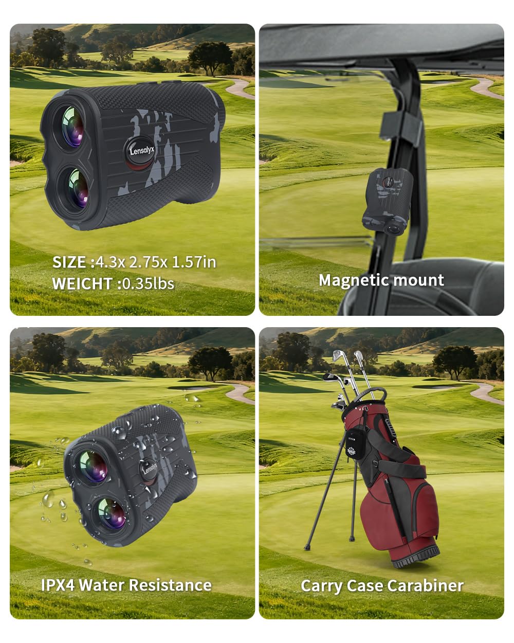 Lensaylx Télémètre laser de golf avec pente, grossissement x7, verrouillage du mât de drapeau, étanchéité IPX4, batterie rechargeable, bande magnétique pour golf et chasse 1 200 m