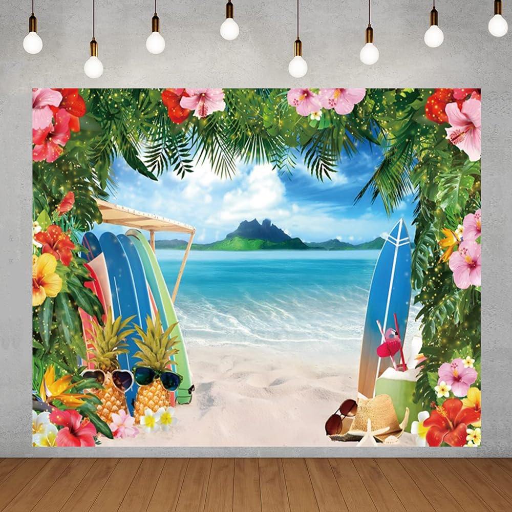 Beach Backdrop 10x8ft Summer Tropical Beach Hawaiian Party Banner Surfboard Sea Ocean Seaside Island Palm Leaves Background Luau Hawaii Aloha Party Decoration Supplies