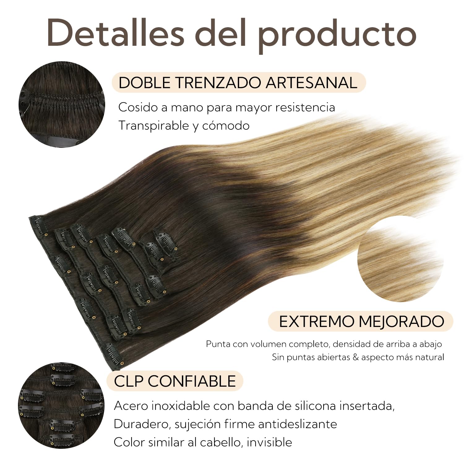 hotbanana Clip Extensiones de Cabello Natural, Mujeres Extensiones de Cabello Humano Eeal Pelo Rizado De castaño oscuro a castaño y rubio sucio con mechas 35cm 120g 7pcs
