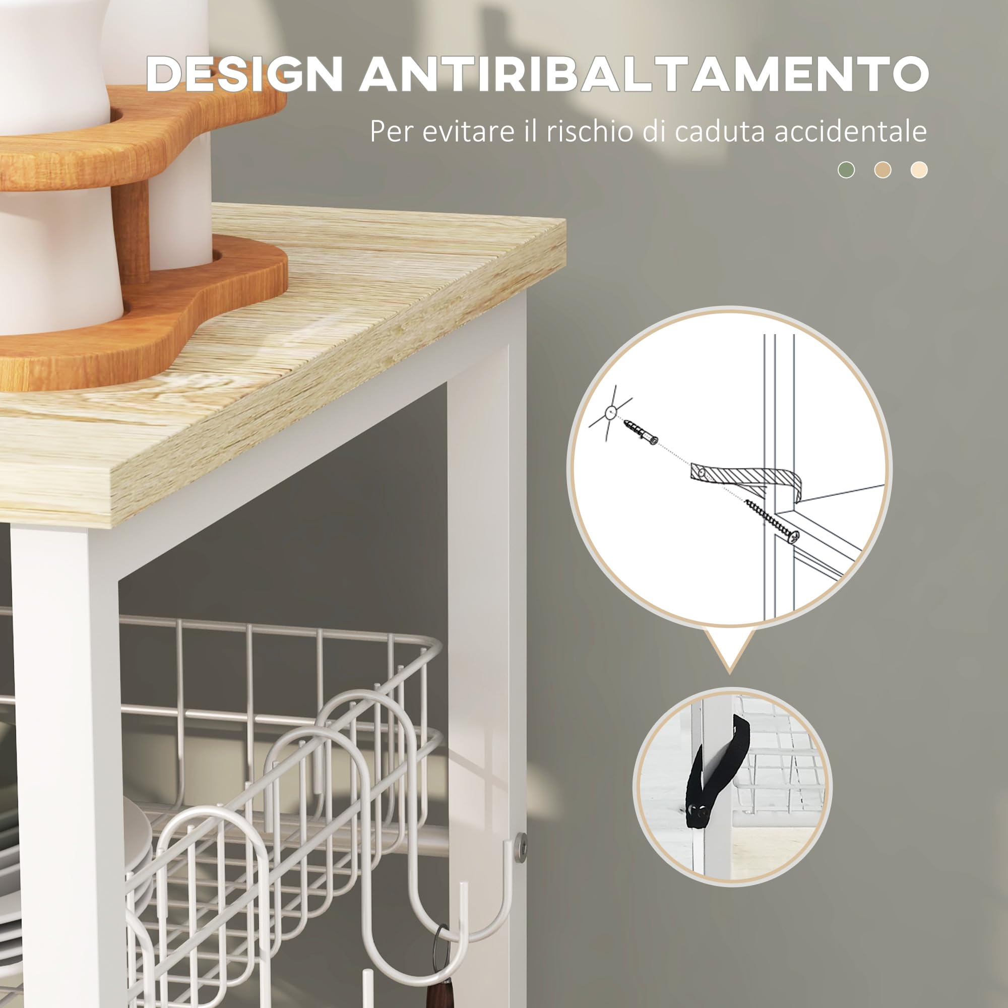 HOMCOM Scaffale da Cucina per Microonde 90x40x84.5cm Quercia e Bianco | Mobile Cucina, 4 Ripiani, Ganci e Cestino a Rete, Legno e Acciaio