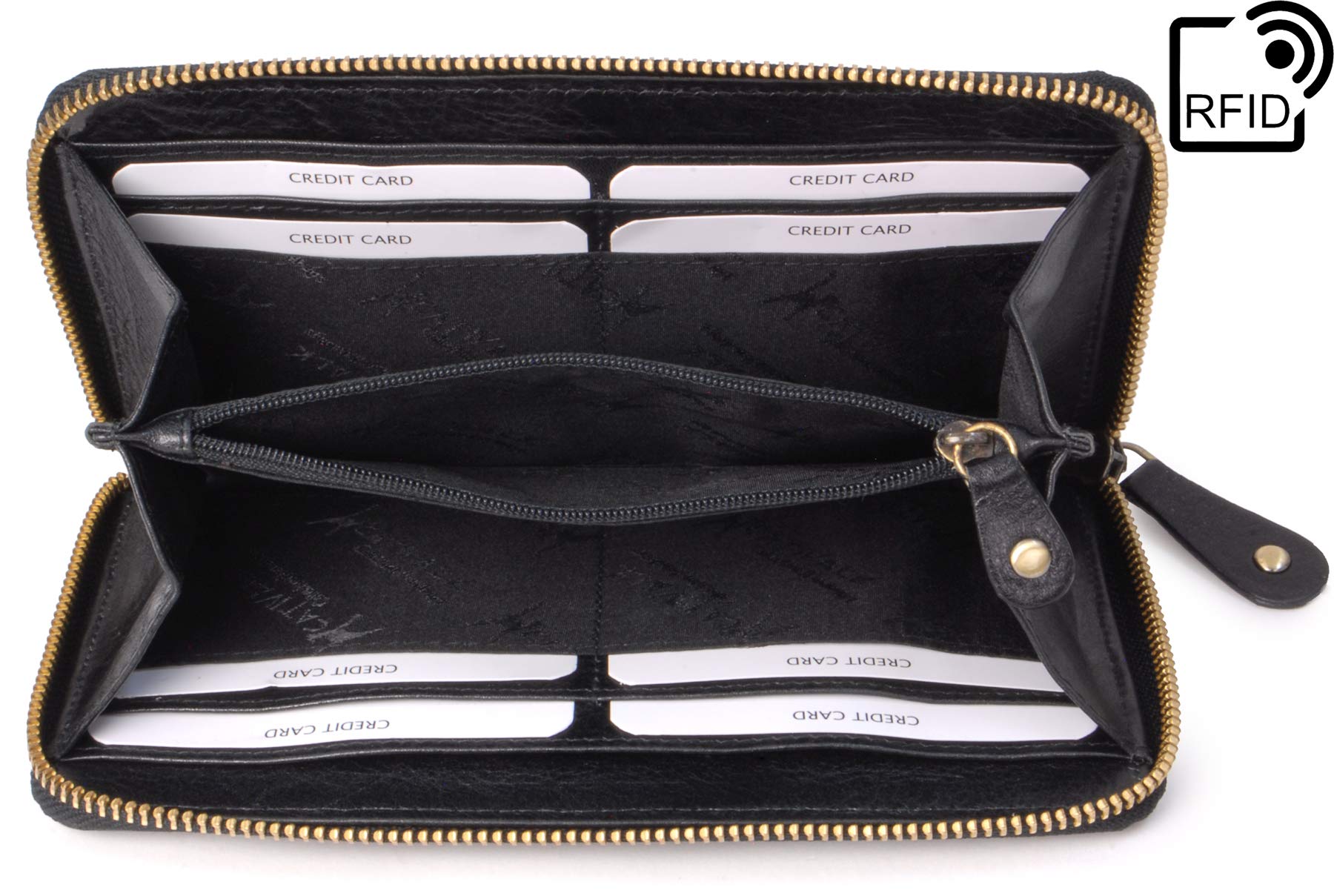 Catwalk Collection Handbags - Średnia Skórzana Portmonetka Dla Kobiet - Kieszenie na 8 Kart Kredytowych i Monety - Ochrona RFID - Gallery - Czarny