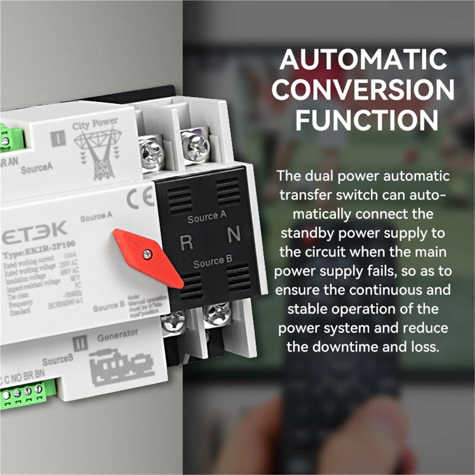 Interruttore di trasferimento automatico a doppia alimentazione 220 V 2P 4P Guida Din ATS City Grid for alimentatore generatore e inverter EK2R(Compatible,100A)