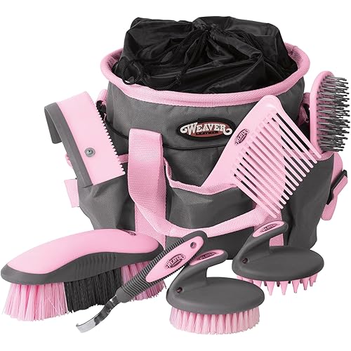 Weaver Leather Horse Grooming Kit, 7-piece Horse Brush Set with Organizer Tote Bag, Equine Care, Horse Tack Room Equipment, Grooming Horse Supplies, Gray/Pink