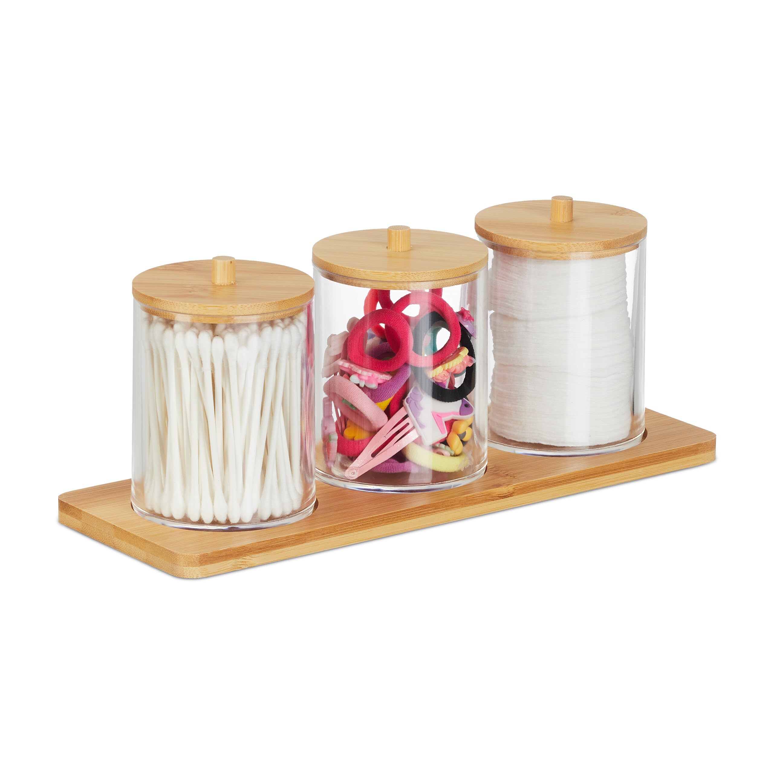 Relaxdays Bathroom Container with Tray, 3 Cups, Bamboo Lids, Cosmetic Organiser, 11 x 27 x 9.5 cm, Transparent/Natural