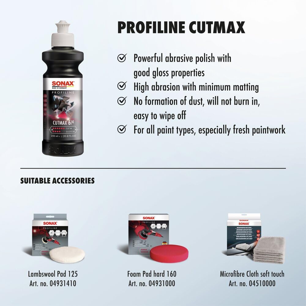 SONAX CutMax Compound 246141 | High-Abrasive Paint Correction Polish for P1500 Grit Sanding Marks | Silicone-Free, Dust-Free, and Odorless | Long Buffing Cycle for Severe Weathered Paint | 250ml