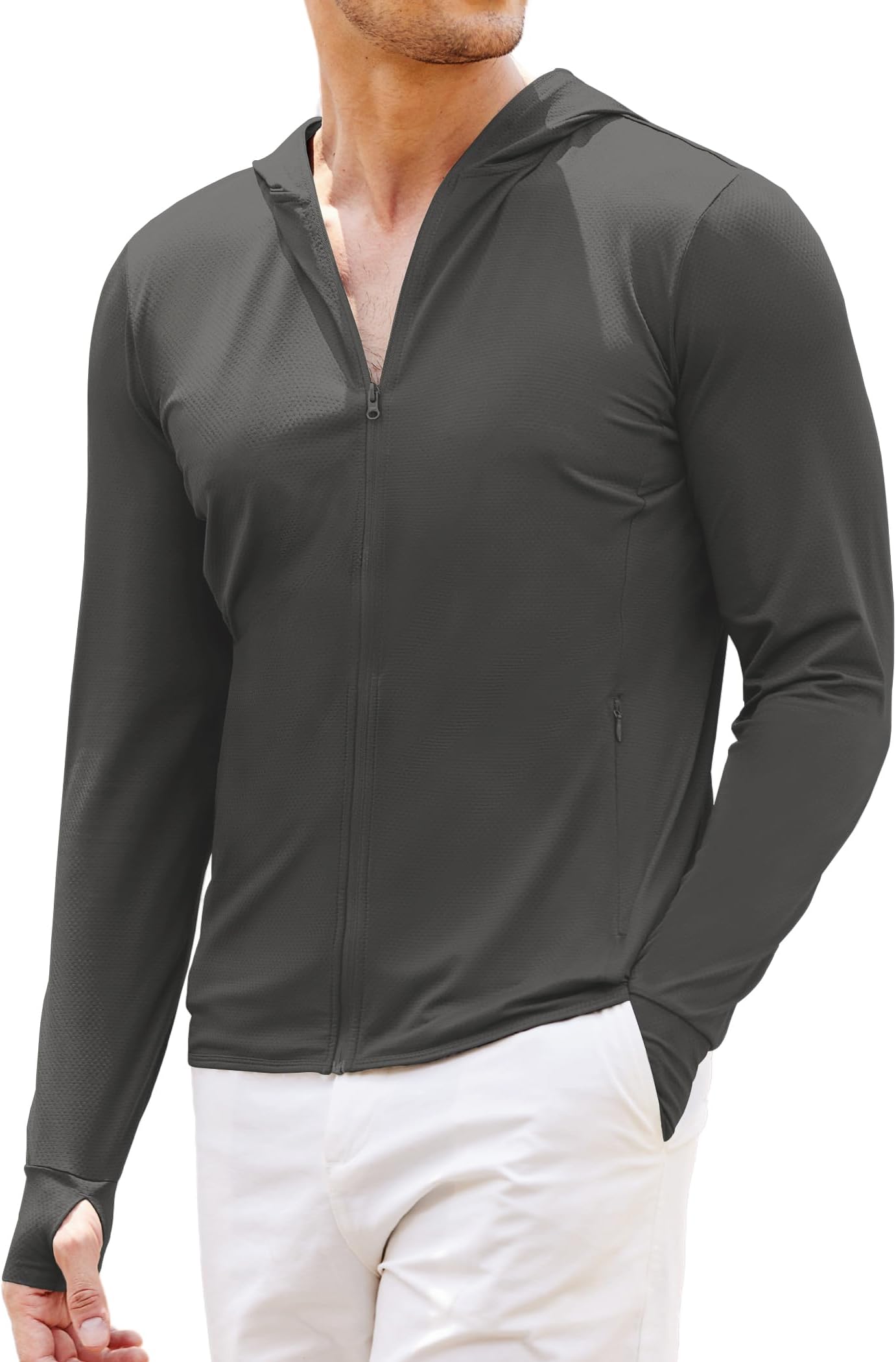 Full-Zip Men's Lightweight Hoodie UPF 50 - Breathable Sun Protection Jacket with Pockets for Golf, Fishing, Hiking