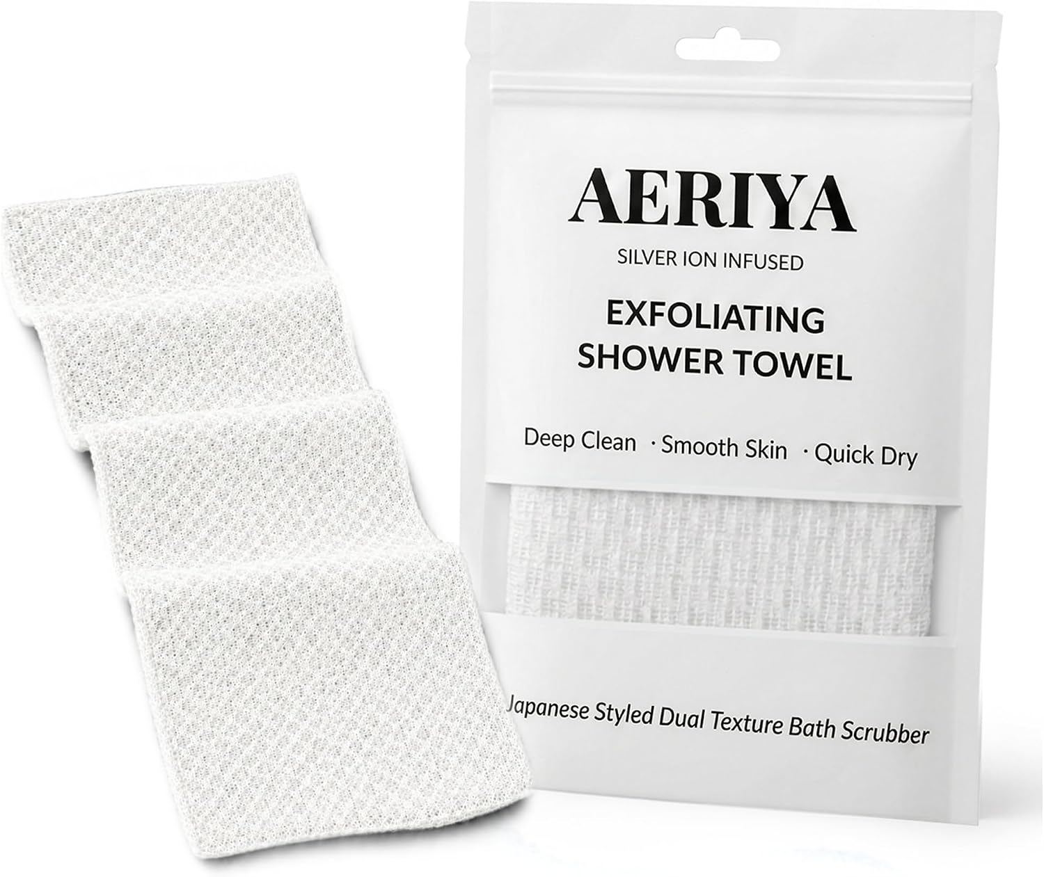 Exfoliating Washcloth – Long Japanese-Style Back Scrubber for Shower, 2-Sided Body Scrub Exfoliating Towel, Quick Dry Bath Cloth for Men & Women, White