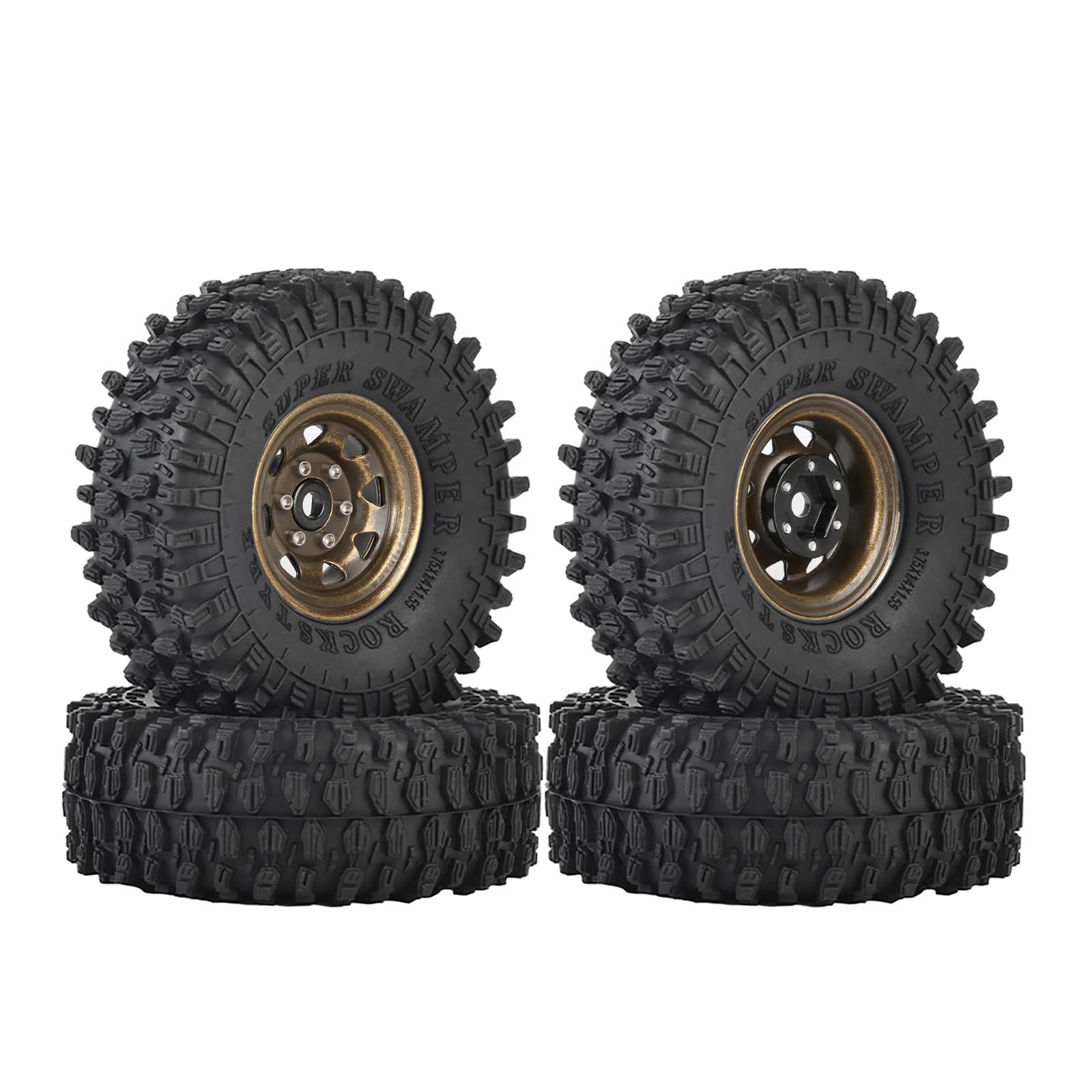 KINGCOO 4Stück 1,55 Zoll RC Metall Beadlock Felgen Räder mit 95mm Alle Terrain Gummireifen Set für 1/10 RC Crawler Auto für Tamiya Axial D90 TF2 CC01 LC70 LC80 Upgrade Teil (8Löcher Bronze)