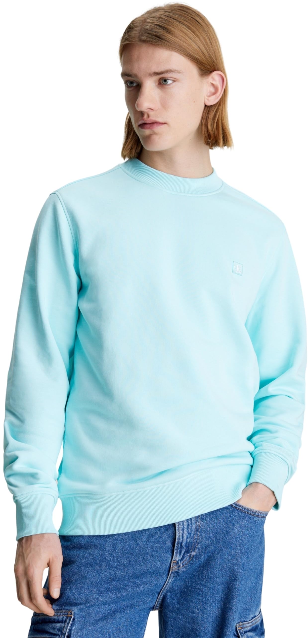 Calvin Klein Jeans Men Sweatshirt Badge Crew Neck no Hood, Turquoise (Blue Tint), XS