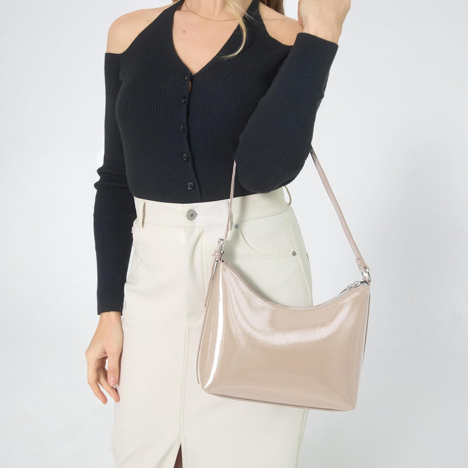 HOXIS Minimalist Faux Patent Leather Shoulder Bag Shiny Women Purse Y2K Style - Image 2