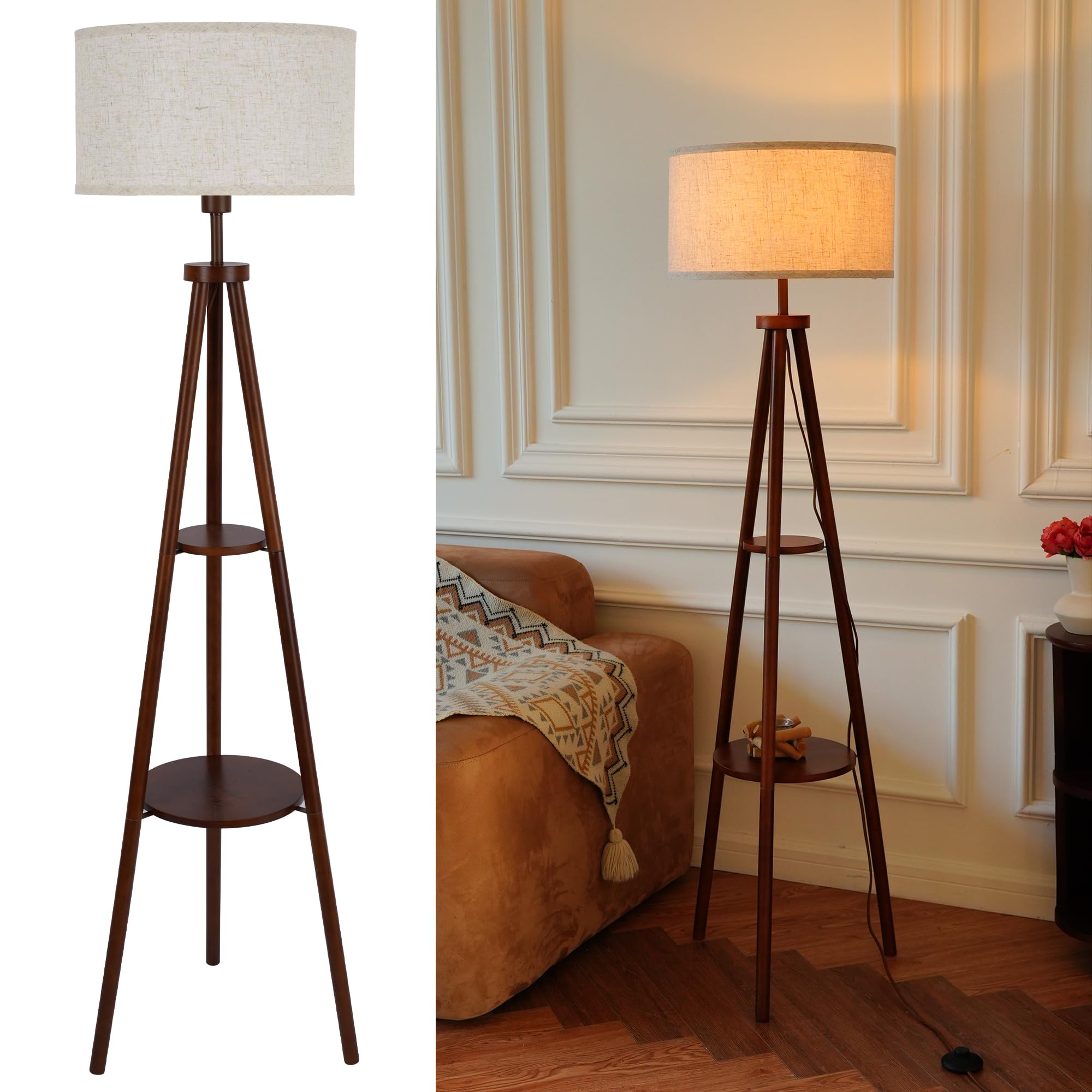 LuminexDesigns Wooden Tripod Floor Lamp with Shelf, Vintage Rustic Floor Lamp Retro in Walnut with Fabric Shade, Foot Switch, High 154 cm, E27 Corner Lamp for Living Room, Bedroom, Reading Corner