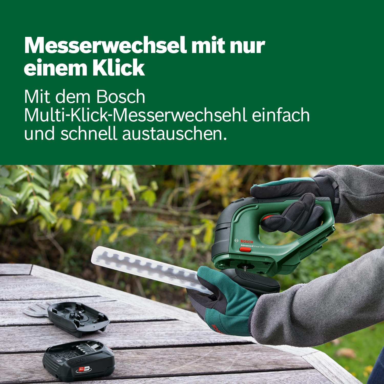 Bosch Akku Grasschere AdvancedShear 18V-10 (1 Akku 2,0 Ah, 18-Volt-System, schneidet bis zu 85 m² pro Akkuladung, mit Strauch- und Grasscherenmesser, im Karton)