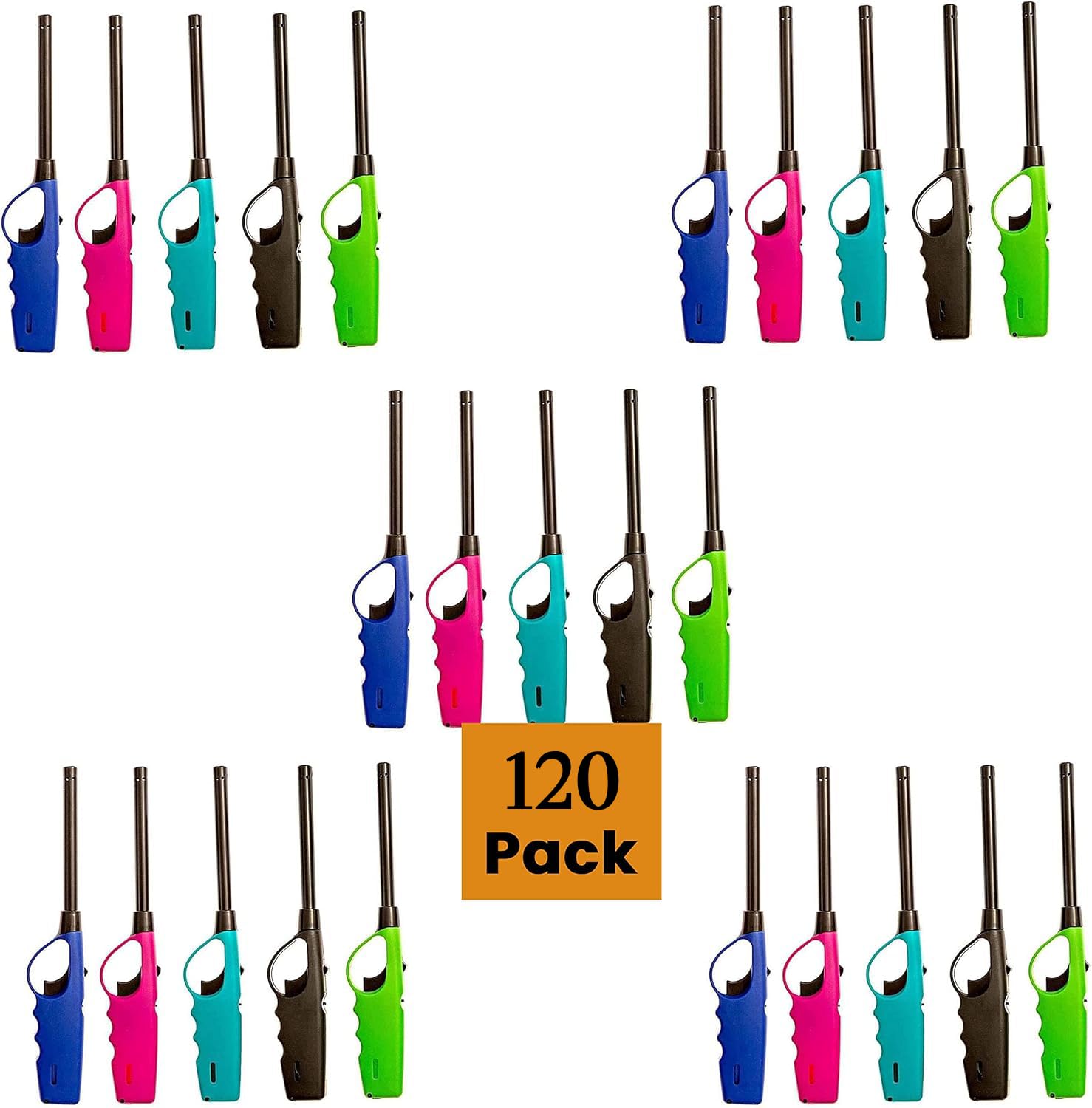 Elite Brands USA Long Lighters Wholesale Pack, Multi Use Butane Refillable Neon Fire Lighters, Ideal for Fireplace, Candle, BBQ (120 pc Pack)