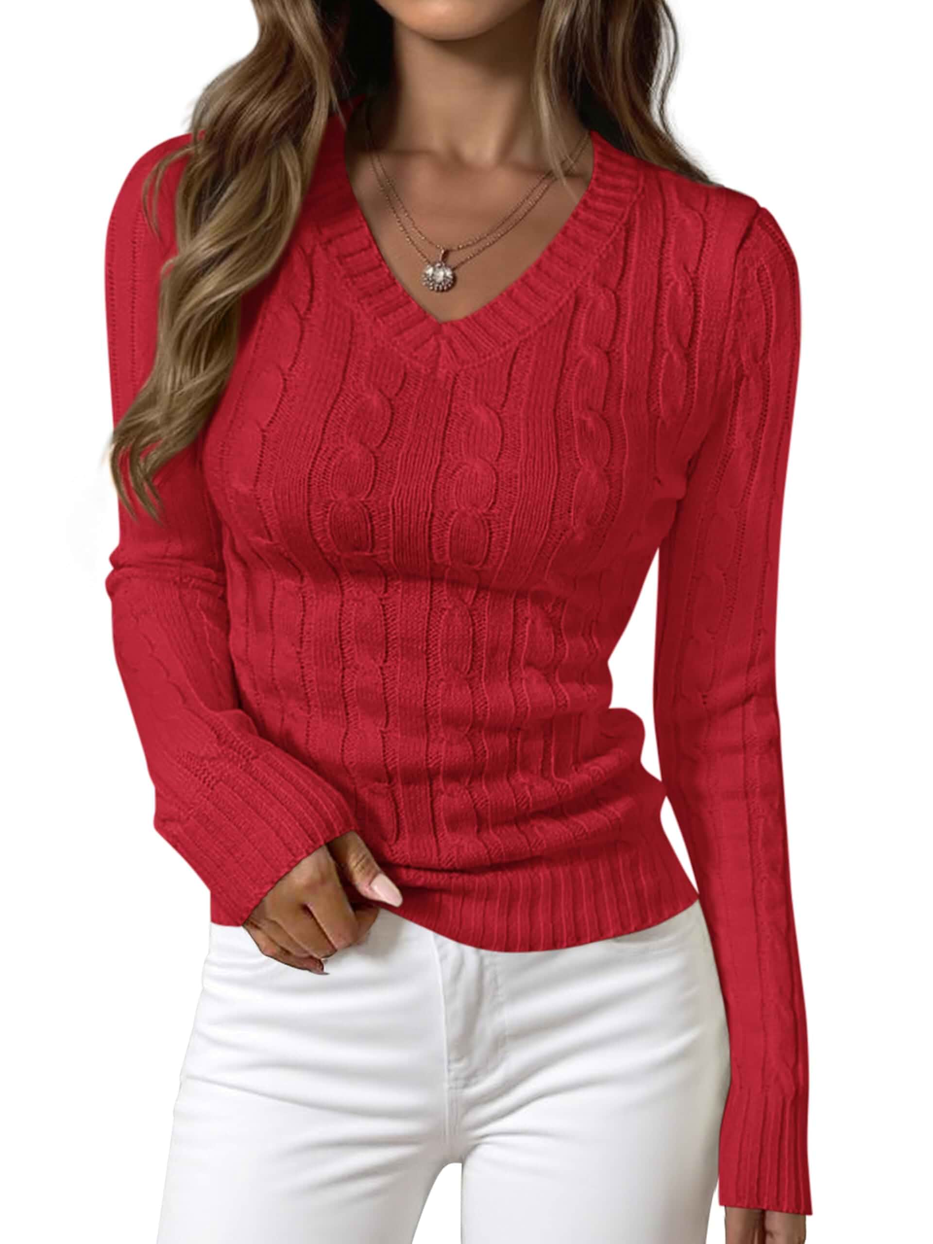 PRETTYGARDEN Womens Cable Knit Fitted V Neck Sweaters Tops Long Sleeve Ribbed Fitted Pullover Tops, Basic Knit Sweater, Business Casual Fall Outfits, Winter Layering Fashion Clothing