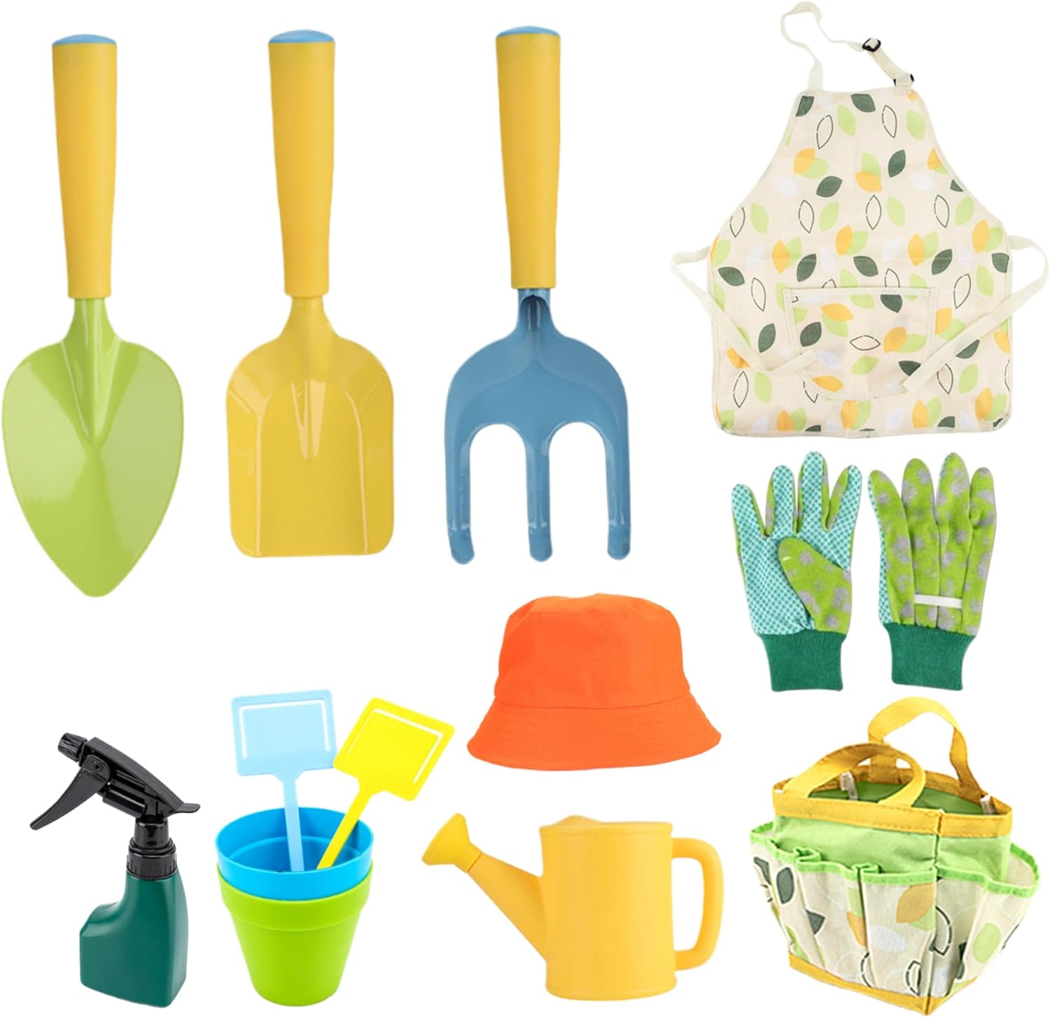 Kids Gardening Set 11PCS Toddler Tools Including Shovel Rake Watering Pot Gloves Apron Hat Flowerpot & Tote Bag Boys Girls