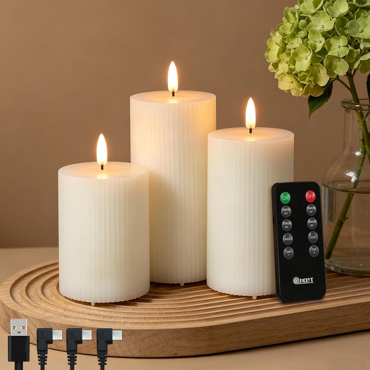 LEDHOLYT Rechargeable Ribbed Fluted Real Wax LED Flameless Candles–Set of 3