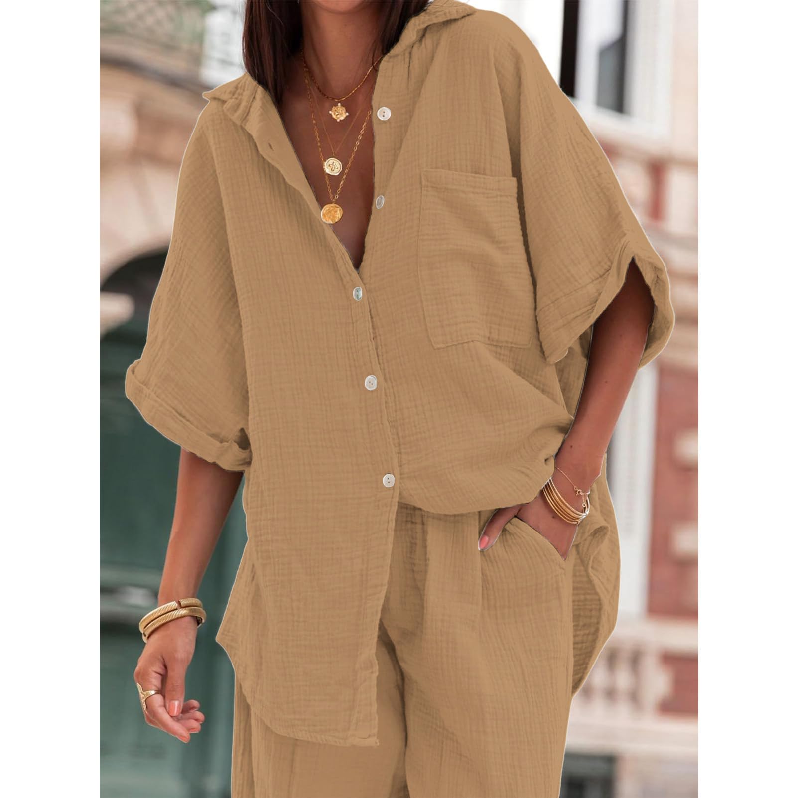 amropi Ensemble de Vêtements Femme Col en V Bouton Haut de Chemise Longues Pantalon Large Loungewear Set