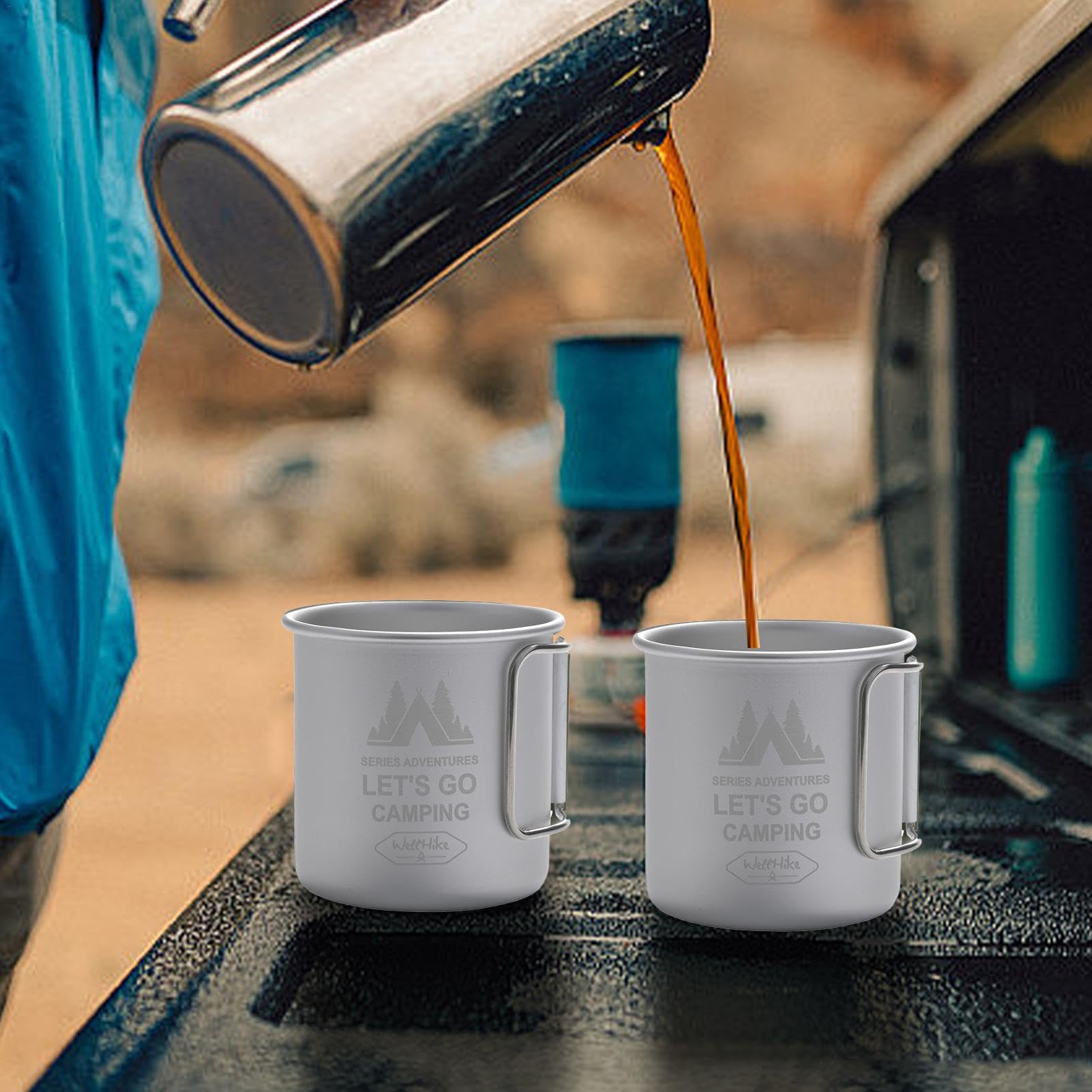 Lot de 4 tasses à café de camping en acier inoxydable avec poignée pliable, 300 ml, empilables en métal pour randonnée, chasse, pêche, pique-nique, voyage (argenté