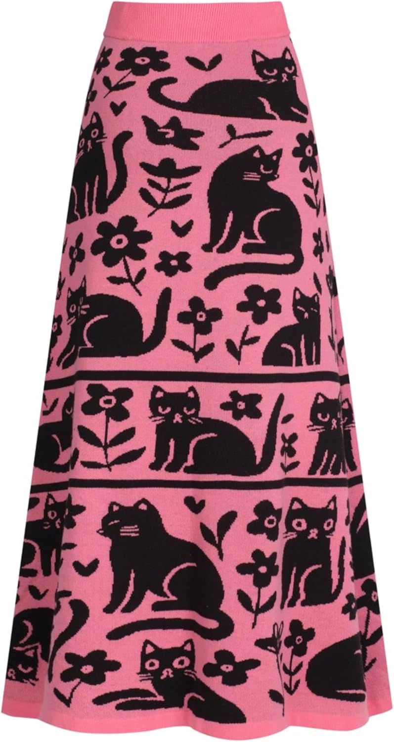 OXKnit Knittd Midi Skirts for Women, Mod Style Casual Retro Black Cat Pattern High Waist A Line Cotton Rose Red Skirts