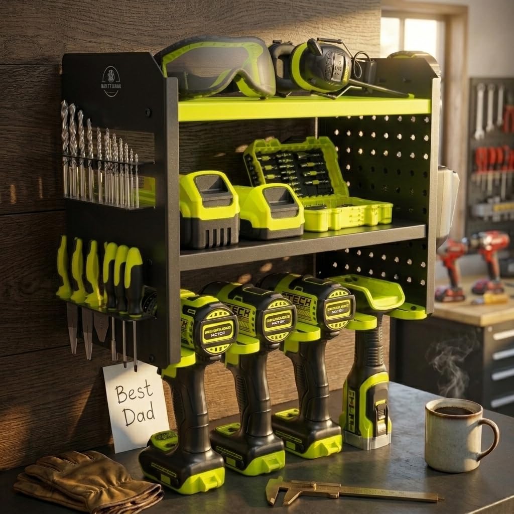 BUILTSTRONG Organizador de herramientas eléctricas de montaje en pared, estante de almacenamiento de herramientas de mano de metal resistente de 3 niveles, estantes de utilidad, soporte para taladros,