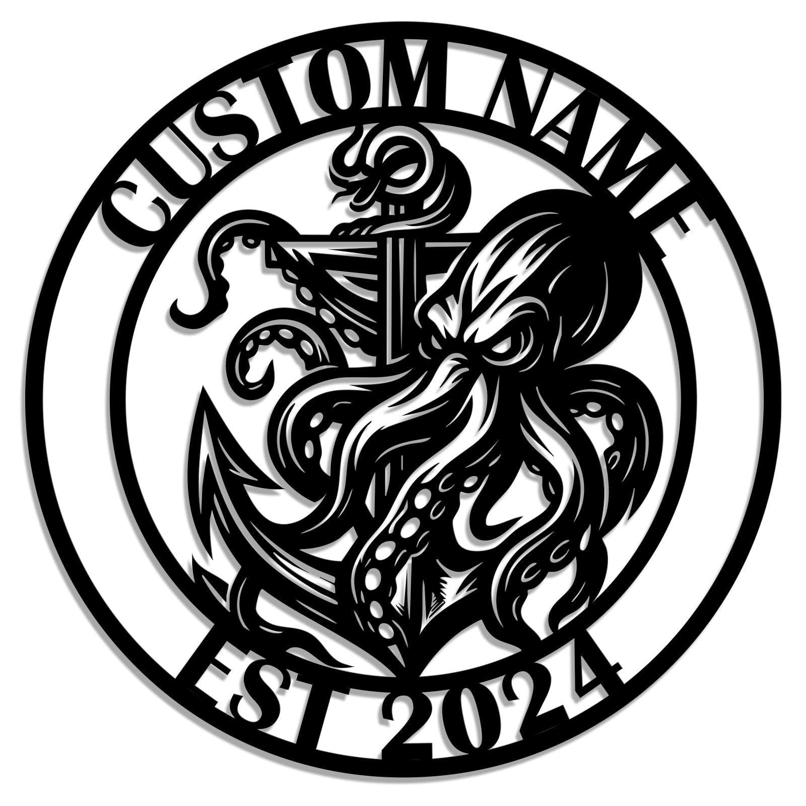 Personalized Octopus Metal Sign – Custom Nautical Wall Art with Kraken, Anchor, Lighthouse & Compass – Marine-Inspired Iron Decoration for Beach House, Bar, or Outdoor (Style-B)