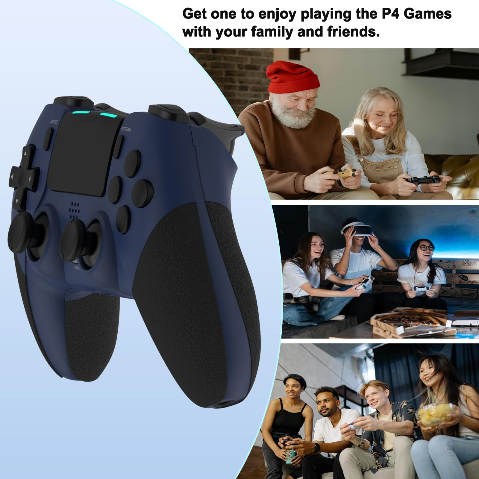 REKBOO Manette sans fil Compatible pour PS4, Contrôleur pour PS4 avec Audio Microphone Jack, Manette P4 dual Vibration avec Gyroscope à Six Axes, Macro, Turbo, Ecran Tactile, 800mah Batterie（Bleu）