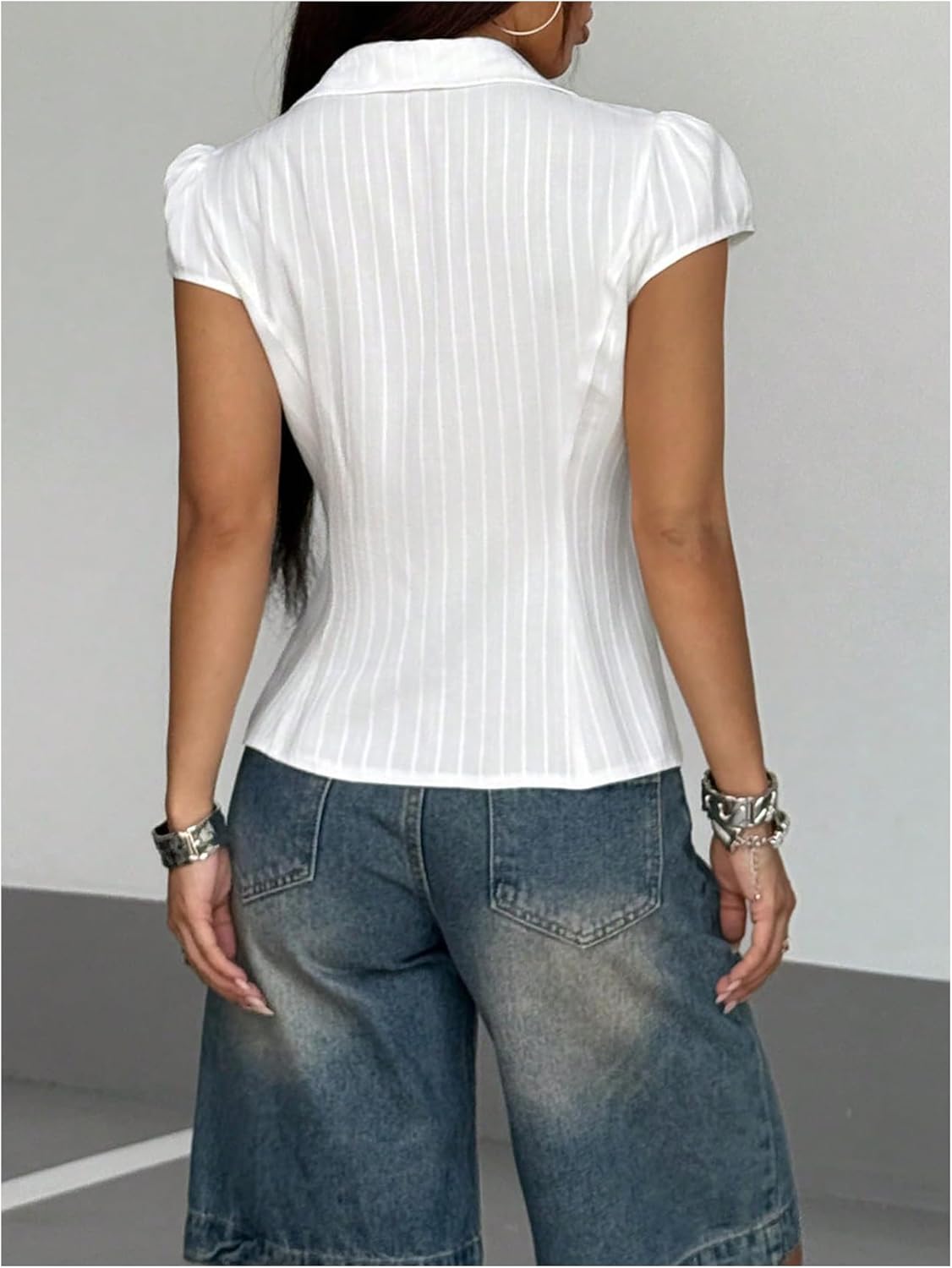 SweatyRocks Women's Cap Sleeve Button Down Shirt Collared V Neck Casual Summer Blouse Tops - Image 2