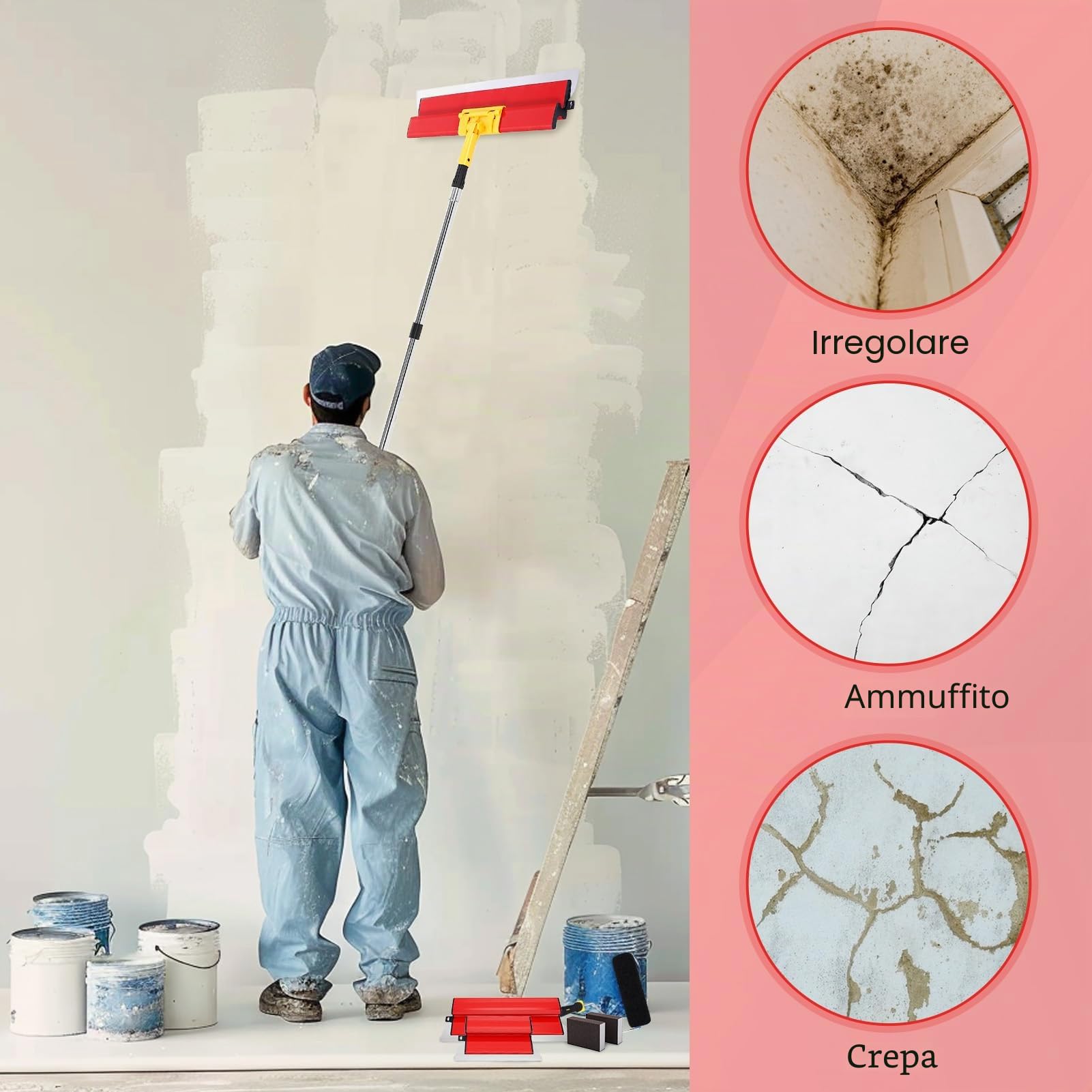 Spatole per Stucco Kit, Set di Strumenti per Finitura con 3 Raschietti (25cm+40cm+60cm), Rullo Anti-pelucchi e Asta di Prolunga, per Appiattire Pareti e Soffitti di Superficie