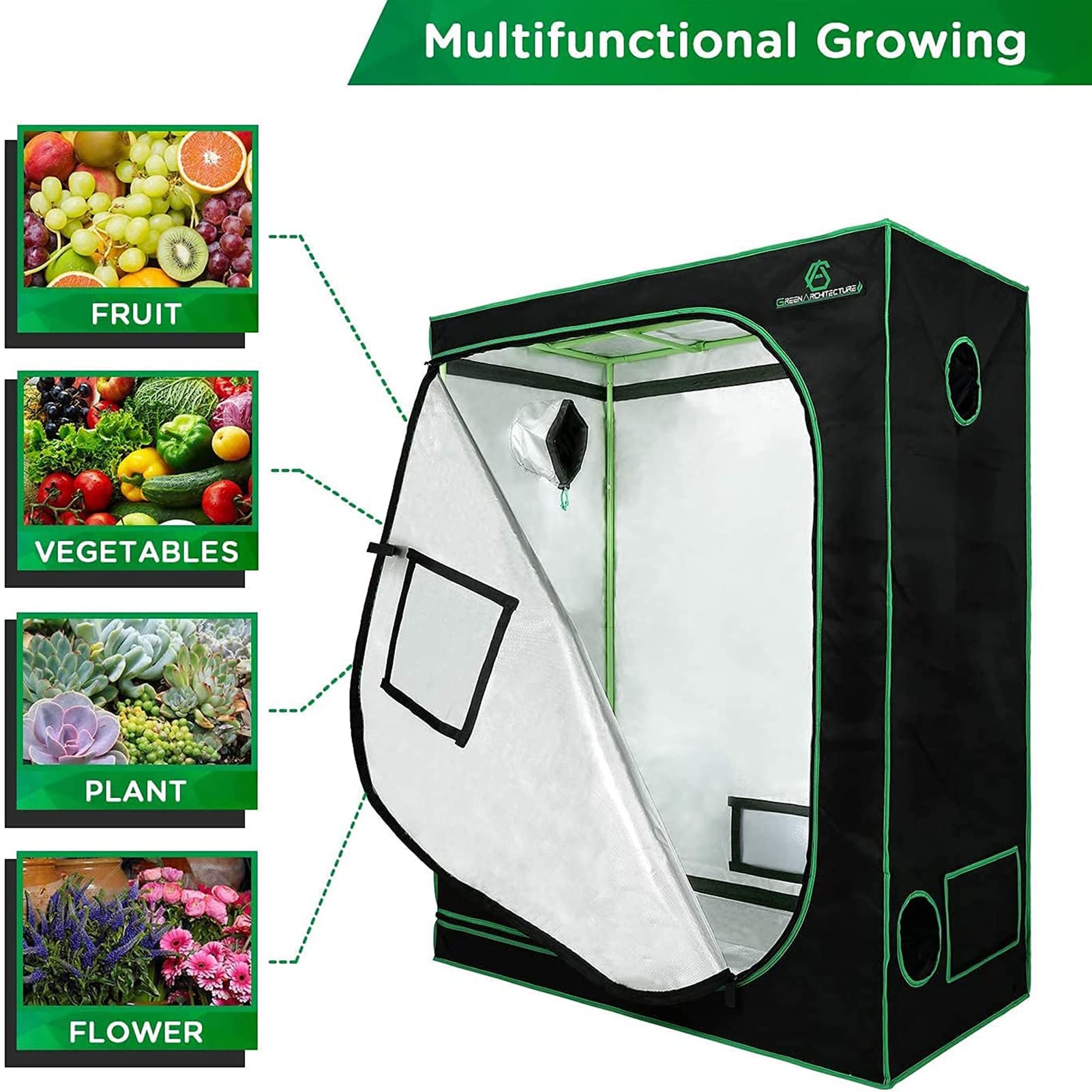 GA Grow namiot do uprawy 60 x 60 x 120 cm, odblaskowy namiot do uprawy hydroponicznej mylaru, z oknem obserwacyjnym i wodoodporną tacą podłogową do uprawy roślin w pomieszczeniach, 50 x 5 cm