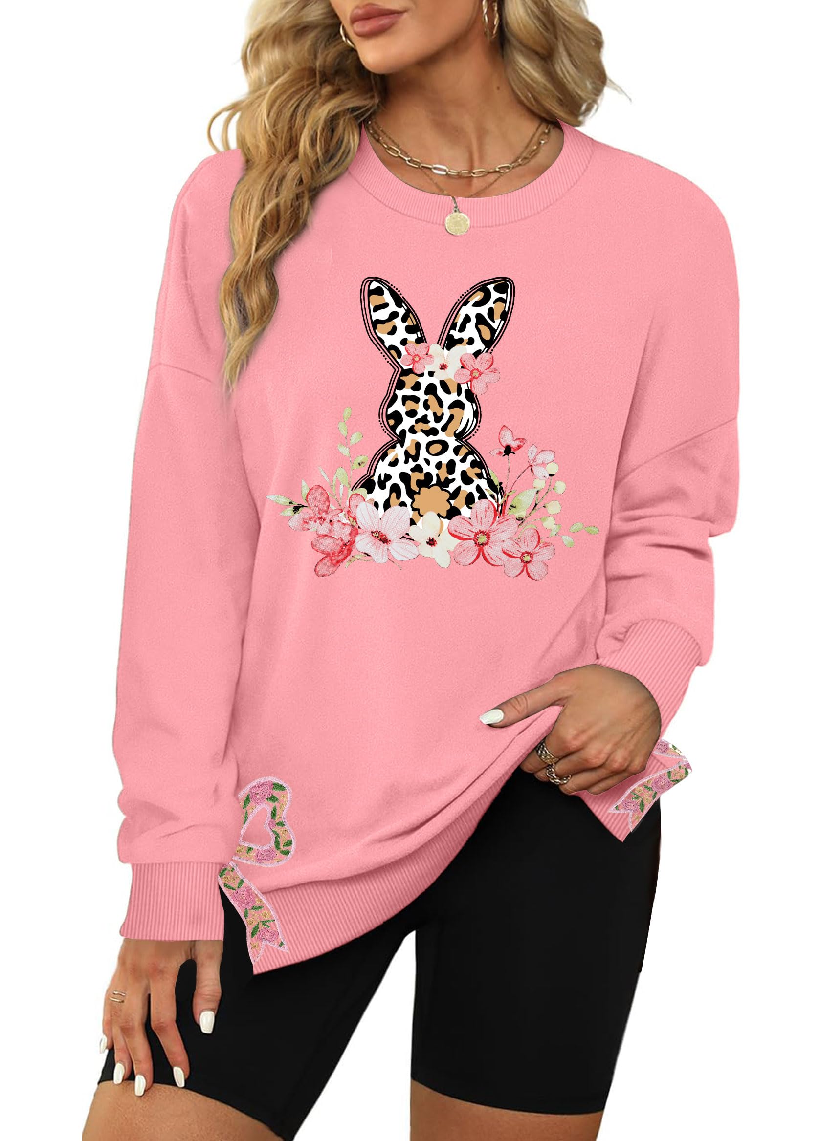 Easter Sweatshirts for Women Embroidered Bunny Rabbit Graphic Sweatshirt Happy Easter Long Sleeve Side Split Tops-image-47