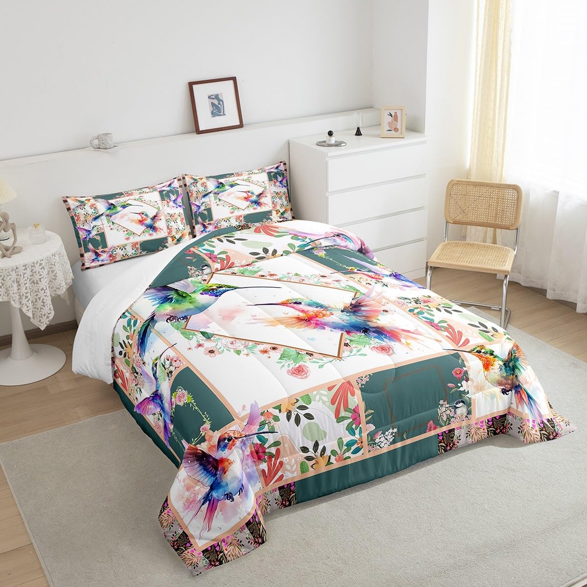 Feelyou Hummingbird Comforter Set Full Size Girls Garden Birds Floral Bedding Set for Women Kids Hummingbird Lovers Comforter Nature Farmhouse Blossom Flower Quilt Room Decor Duvet Set Boys
