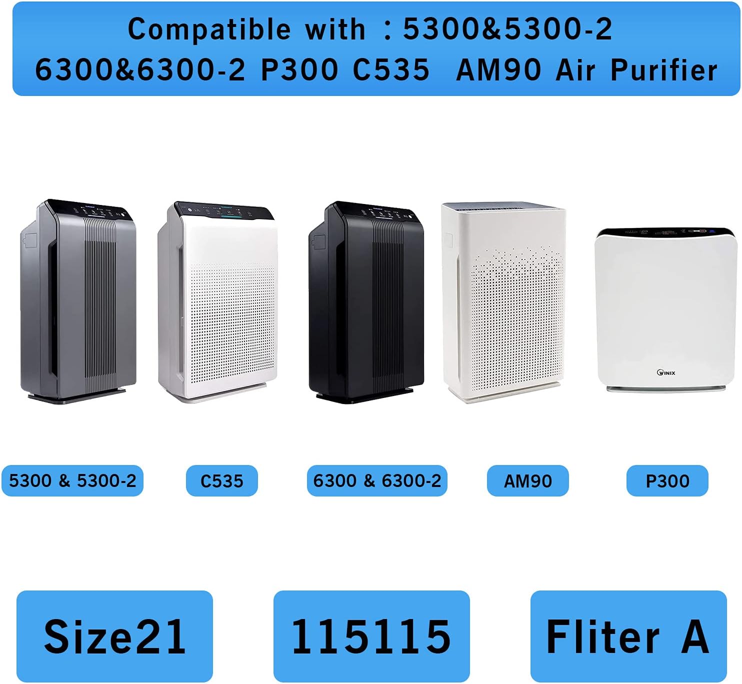 XIMOON Winix 115115 Air Purifier Filter A Replacement Size 21 Compatible for Winix Plasma wave C535 5300 6300 5300-2 6300-2 P300 C535 WAC5300 WAC5500 WAC6300 6300 9000,1 HEPA Filter + 4 Carbon