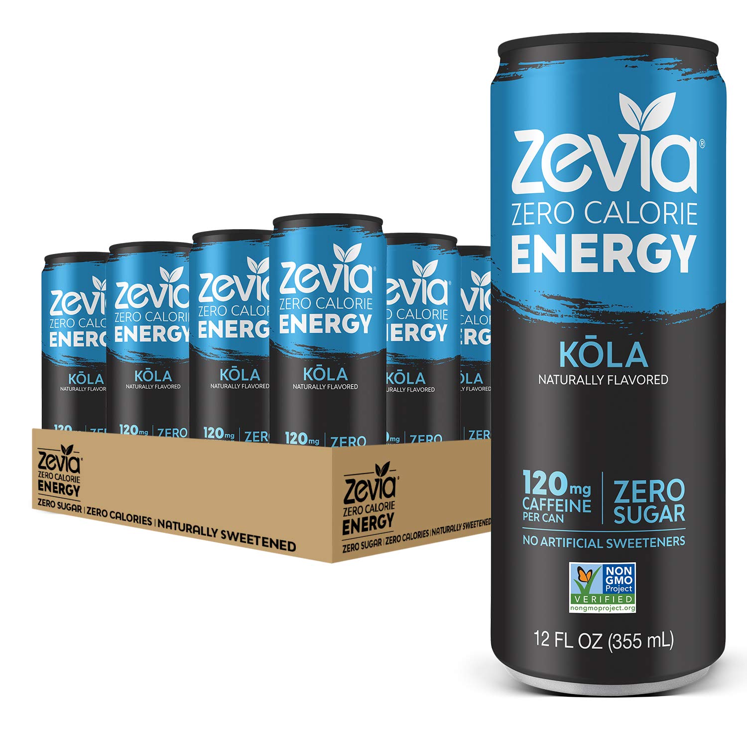 Zevia Zero Calorie Soda, Cola, Naturally Sweetened Soda, (24) 12 Ounce Cans; Cola-flavored Carbonated Soda & Zero Calorie Energy Drink Naturally Sweetened Energy Drink, Kōla, 12 Ounce (Pack of 12)