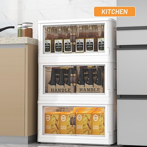 Miniatura 9 de Contenedores de almacenamiento plegables con tapas y puertas, paquete de 3 cajas de almacenamiento apilables de 23 galones con ruedas, grandes