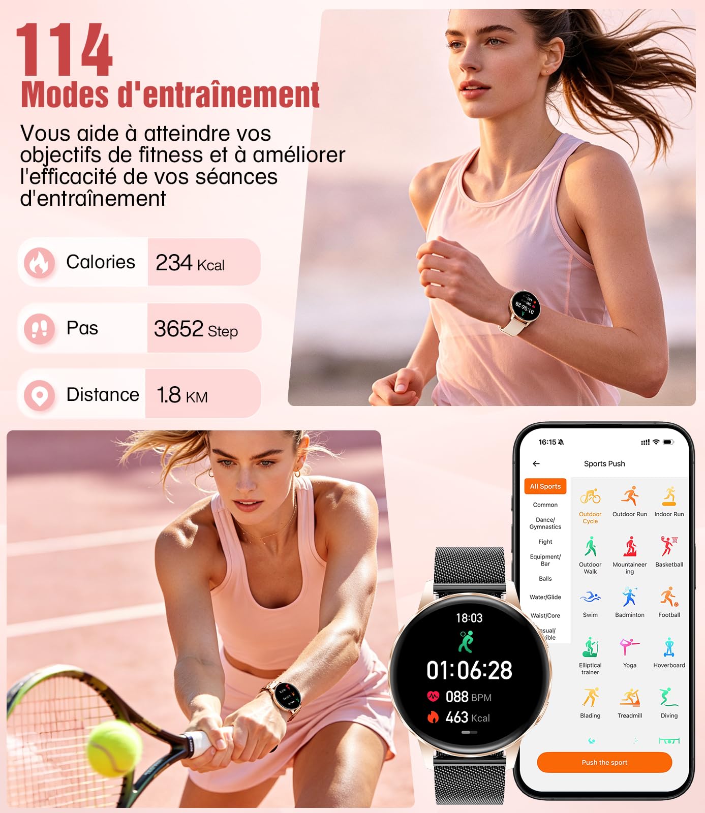 Montre connectée Femme 1.27" Appel Bluetooth Elegant Smartwatch Santé Féminine Fréquence Cardiaque Sommeil Montre Fitness,Podomètre,Calories,100+ Mode Sport,2 Chargeurs,Or Noir Mesh