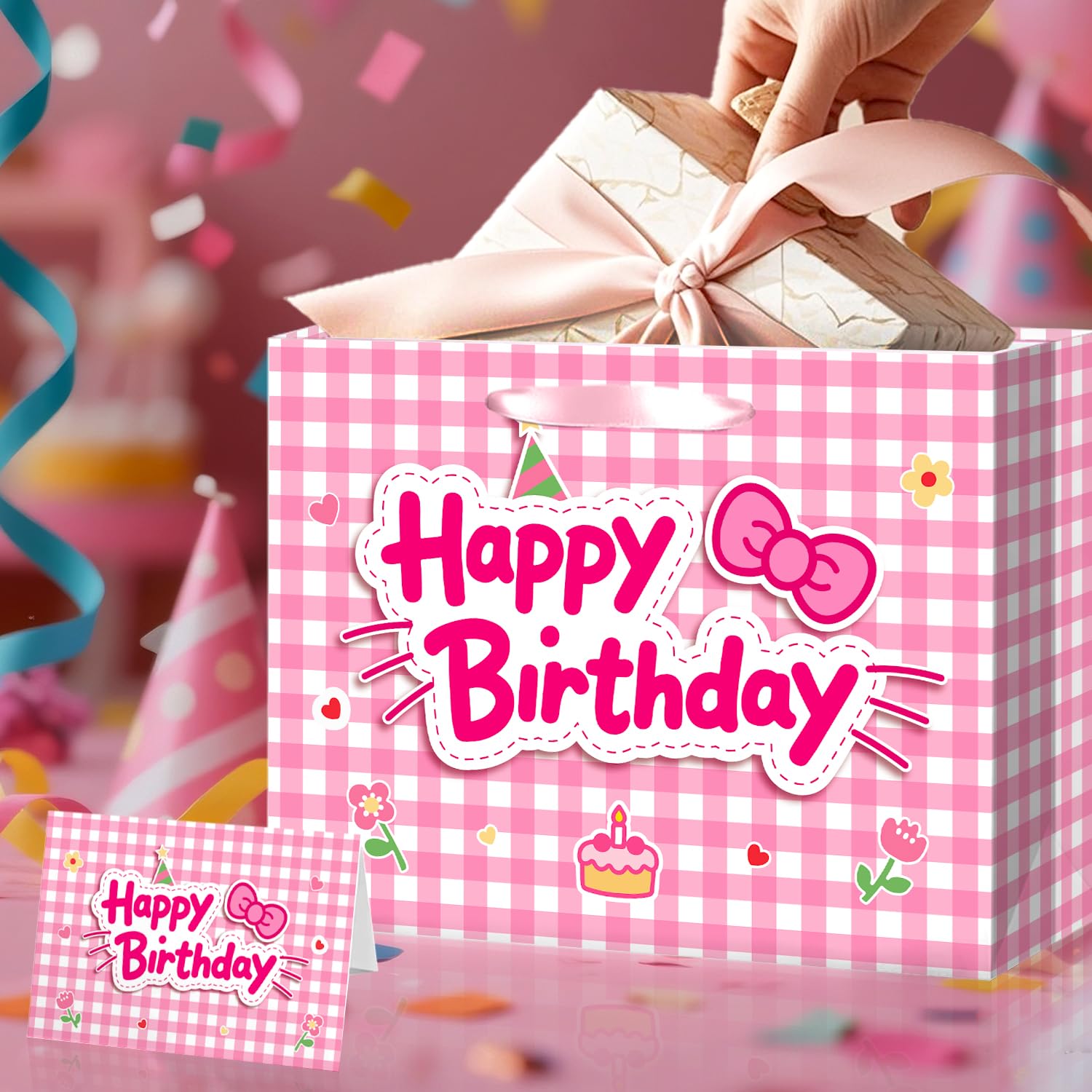 TQQBUU 12" Pink Birthday Gift Bags for Girls, with Cute Greeting Card and Tissue Paper for Party, Cat Party Favor Bag Cartoon Bag for Kids Baby Shower Party Favors Supplies, 11.8"×9.4"×5.3" - 1Pcs