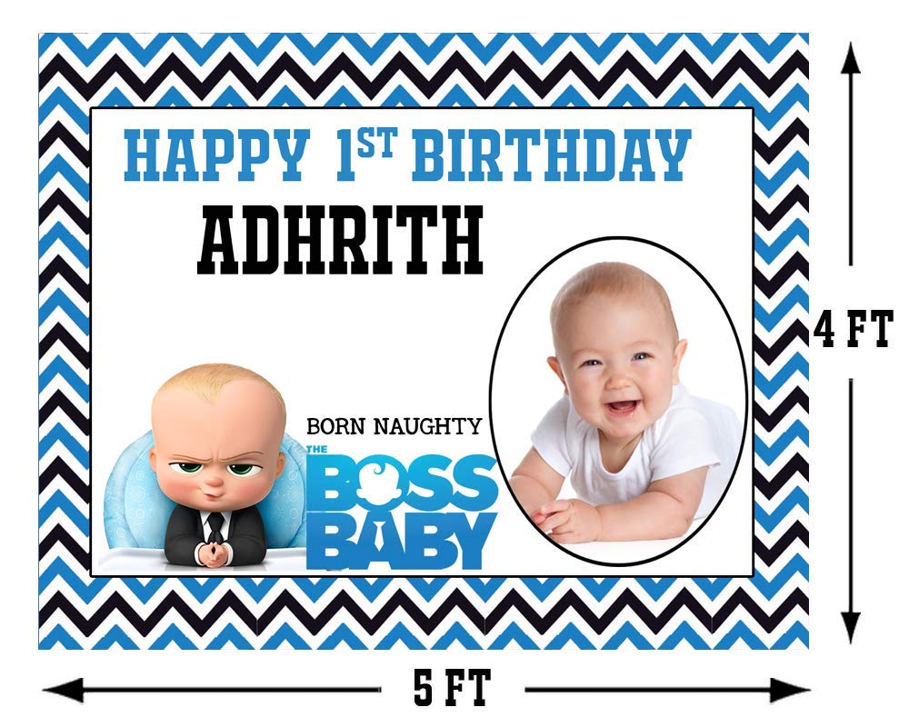 WoW Party Studio Personalized Baby Boss Theme Party Happy Birthday Decorations with Birthday Boy/Girl Name, Age, Made with A55 Coated Fabric, Photo Background/Backdrop Wall Banner - Large Size 4ft height x 5ft width 1
