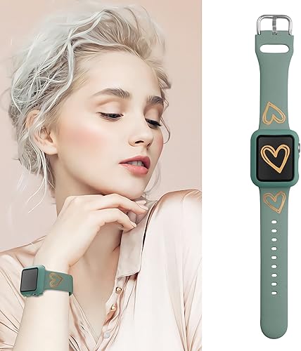 Miniatura 3 de STARAMZ Correa de silicona suave compatible con correas de Apple Watch de 1.614in, 1.575in, 1.496in, silicona suave con patrón de corazón dorado