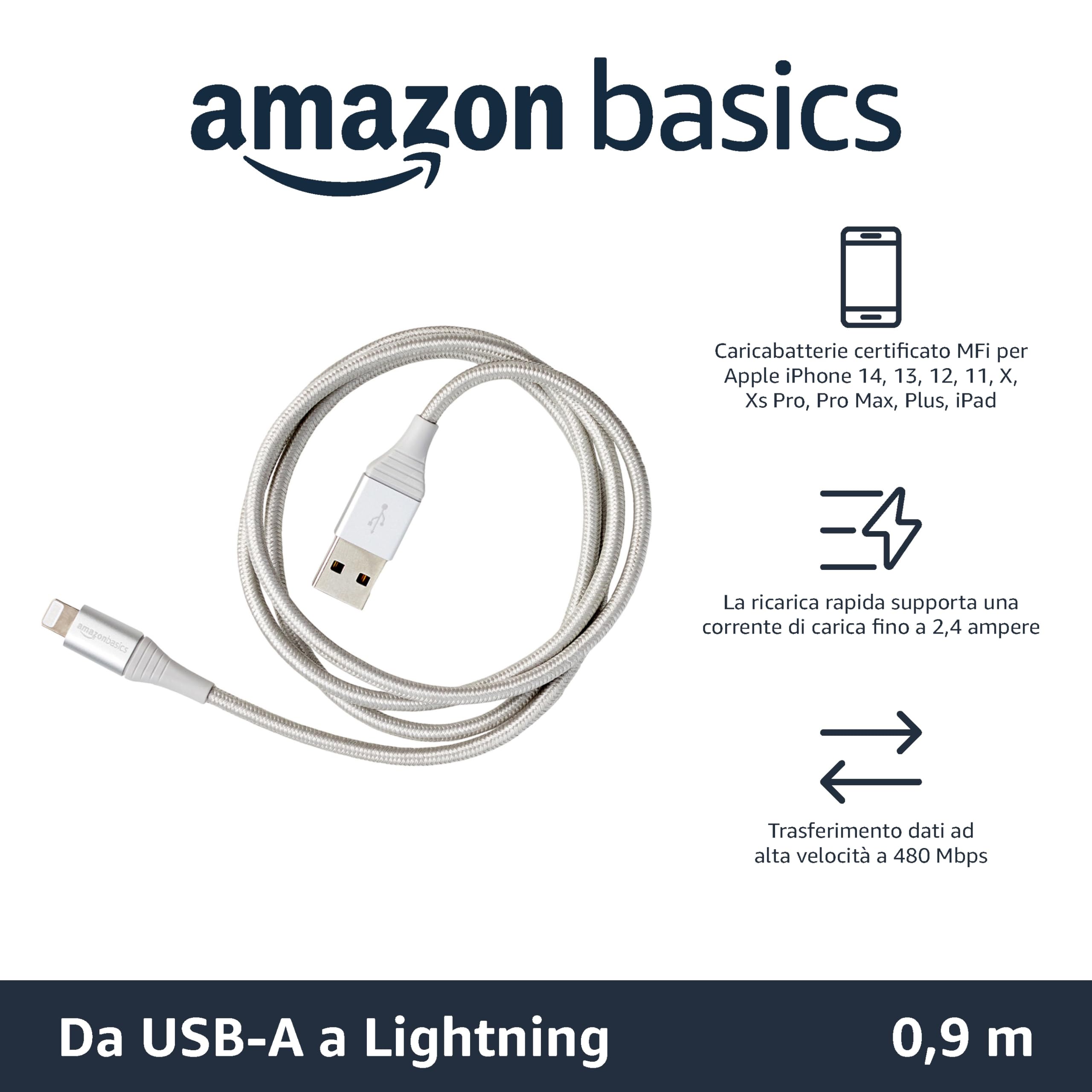 Amazon Basics - Cavo di ricarica Lightning USB Type A, in nylon doppio intrecciato, certificato MFi, serie Advanced, per iPhone, Argento, 0.9 m