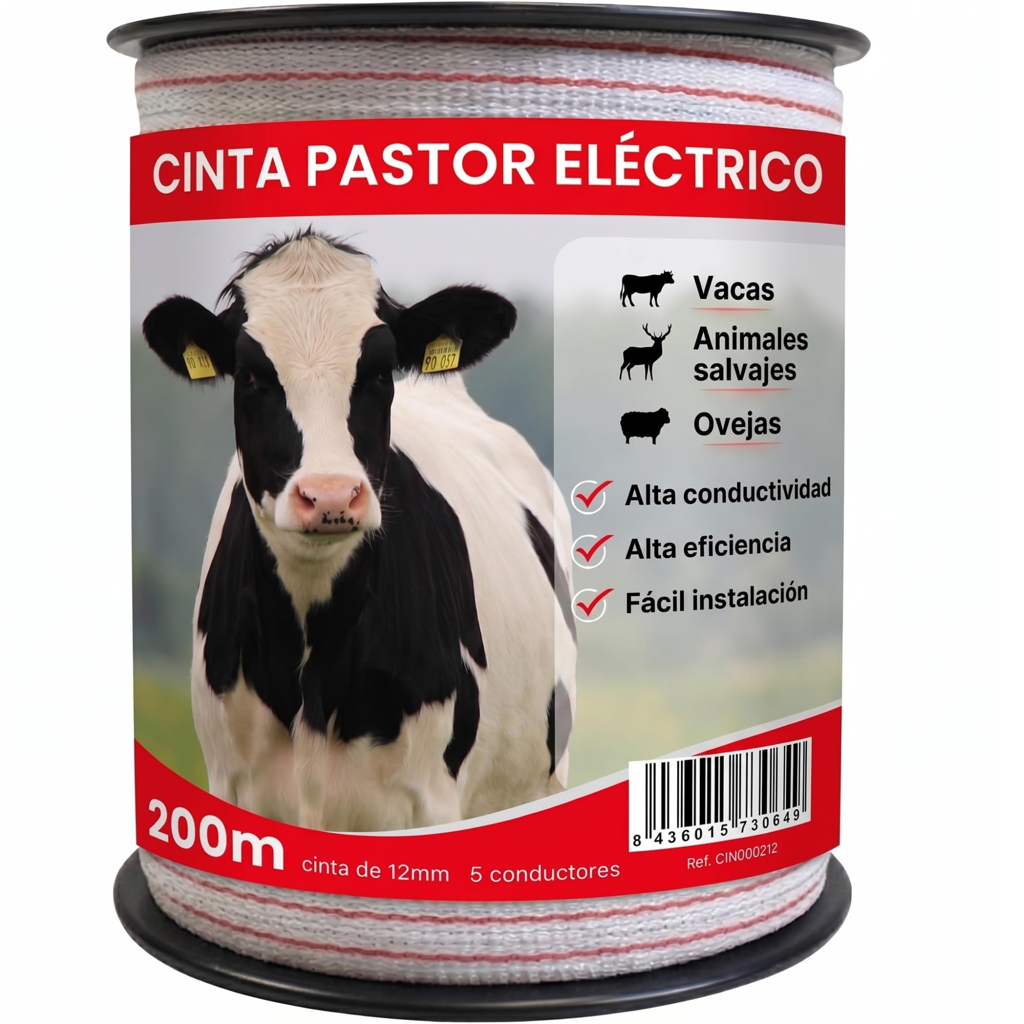 Llampec Hilo Pastor Eléctrico 200 m x 12 mm – Cinta 5 Conductores Acero Inoxidable – Alta Conductividad y Resistencia UV – Cable Valla Eléctrica para Caballos, Vacas y Perros – Bobina Conductora